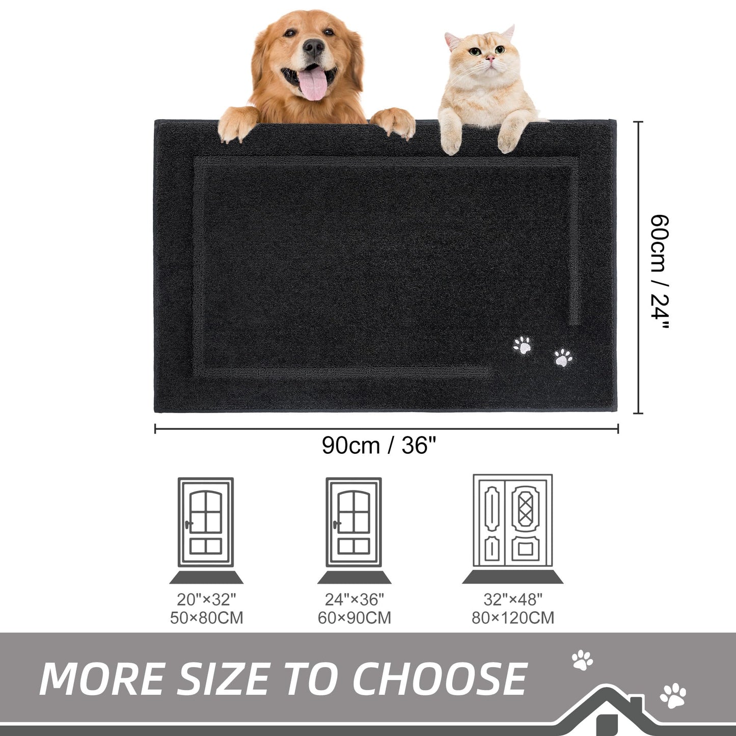 BEQHAUSE Dog Door Mat for Muddy Paws 24"x36" Dirt Trapper Absorbent Doormat Non Slip Entryway Rugs Washable Stain Resistant Welcome Floor Mat Soft Low-Profile for Front Back Door, Black