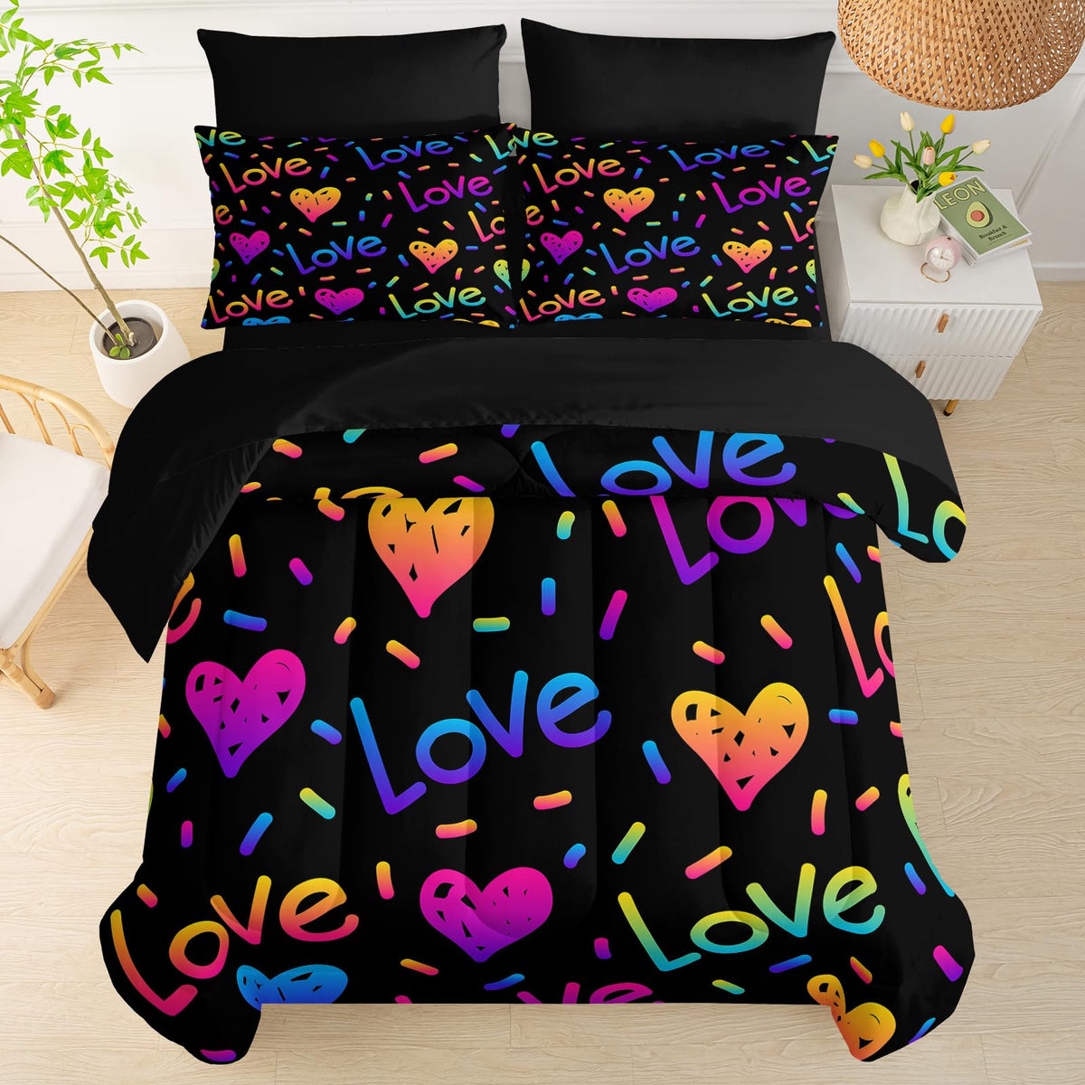 QOOMO Kid Twin Comforter Set 7 Piece Colorful Love line Bedding Set for Boys Girls Super Soft Microfiber Bed in a Bag with Comforter Sheets Pillowcase Sham（Black）