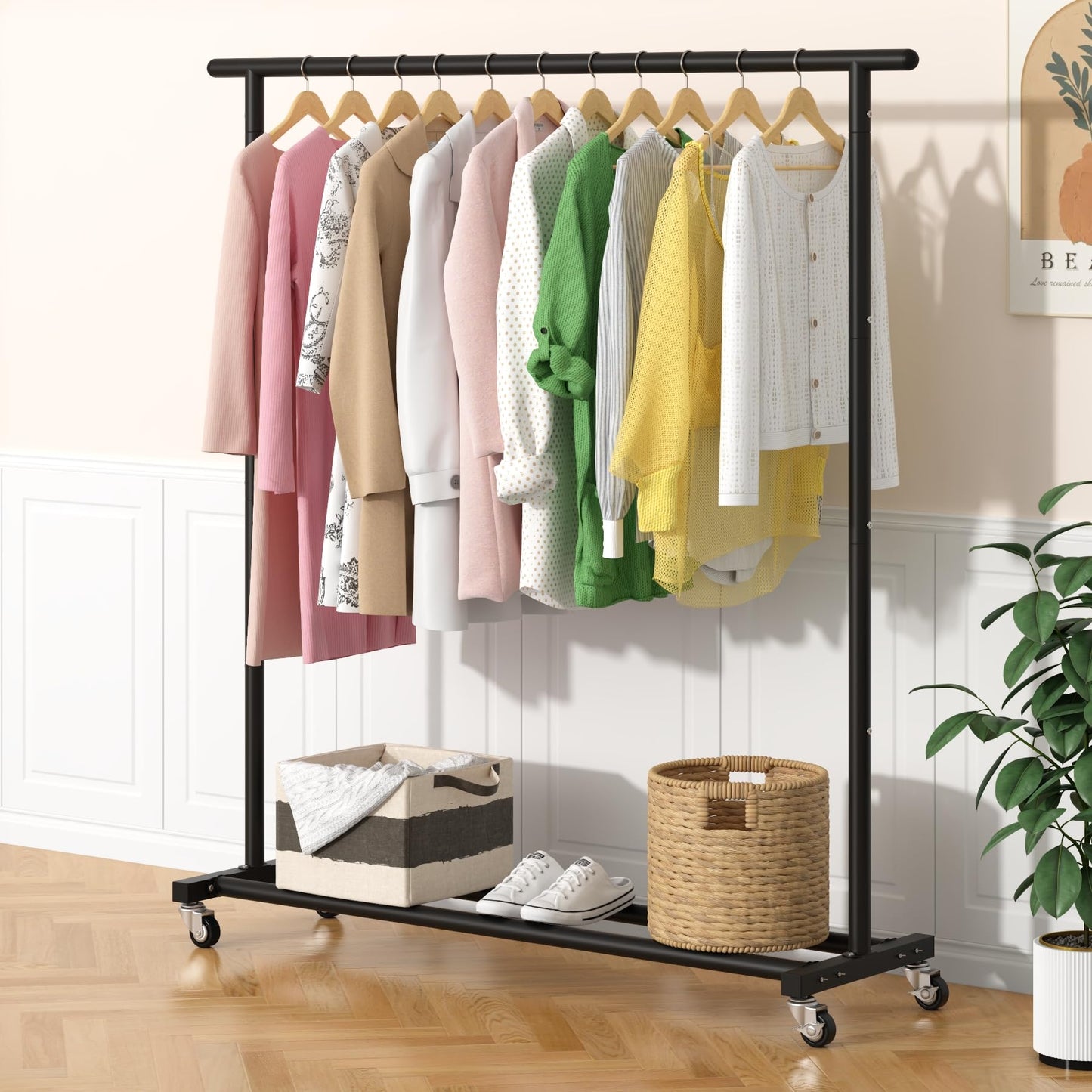 Buzowruil Metal Rolling Clothing Rack Adjustable Freestanding Garment Organizer with Wheels, Space-Saving Design for Home, Closet, Office, or Retail,Black