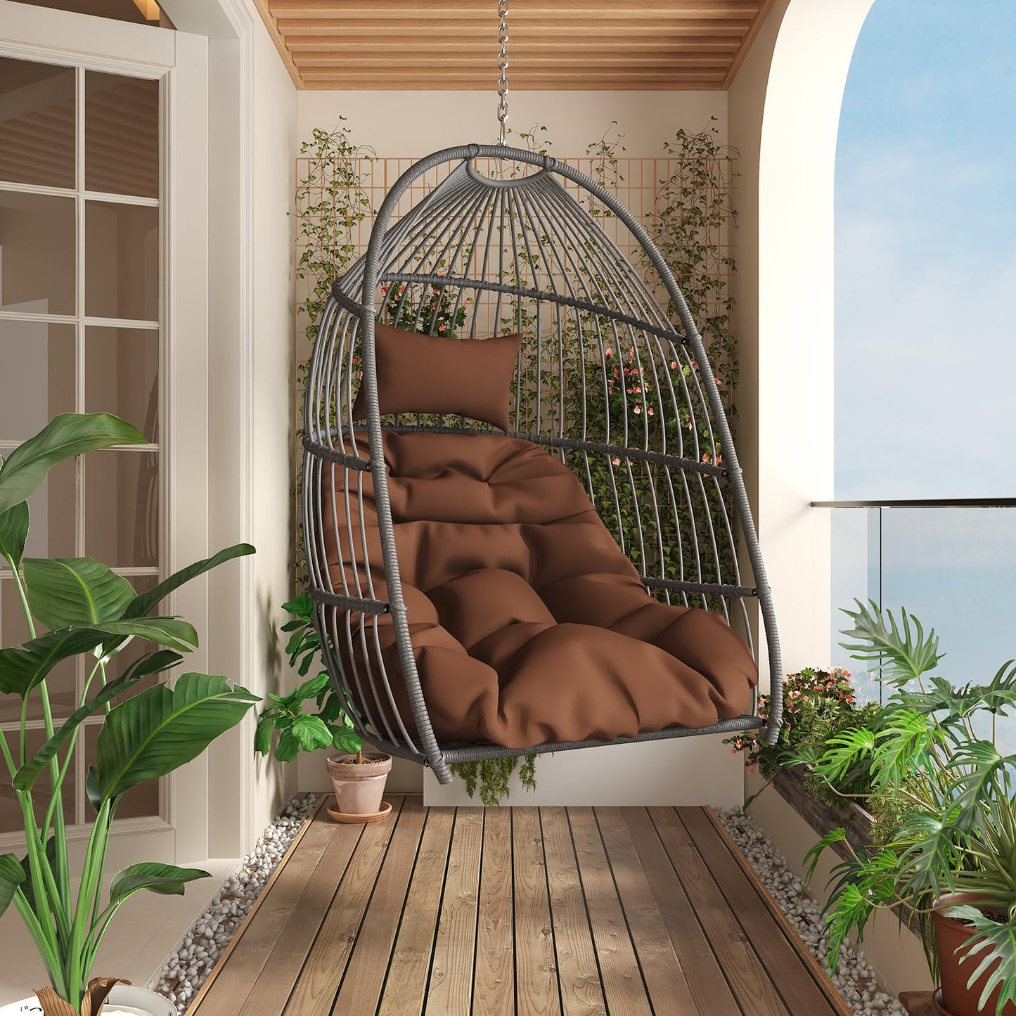Hanging Egg Chair Without Stand, HDPE Rattan Foldable Swing Chair with Aluminum Frame & UV Resistant Cushion, Hammock Egg Basket for Indoor Outdoor Bedroom Garden, 350Lbs Capacity (Coffee)