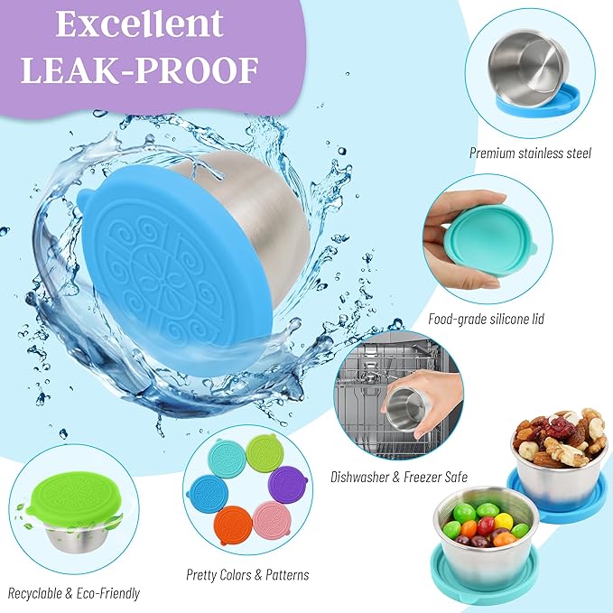 6x2.7 Oz Salad Dressing Container to Go,Handy Leakproof Stainless Steel Meal Prep Containers Reusable,Sauce Containers for Lunch Box, Picnics, Travel, Office and Kitchen Storage