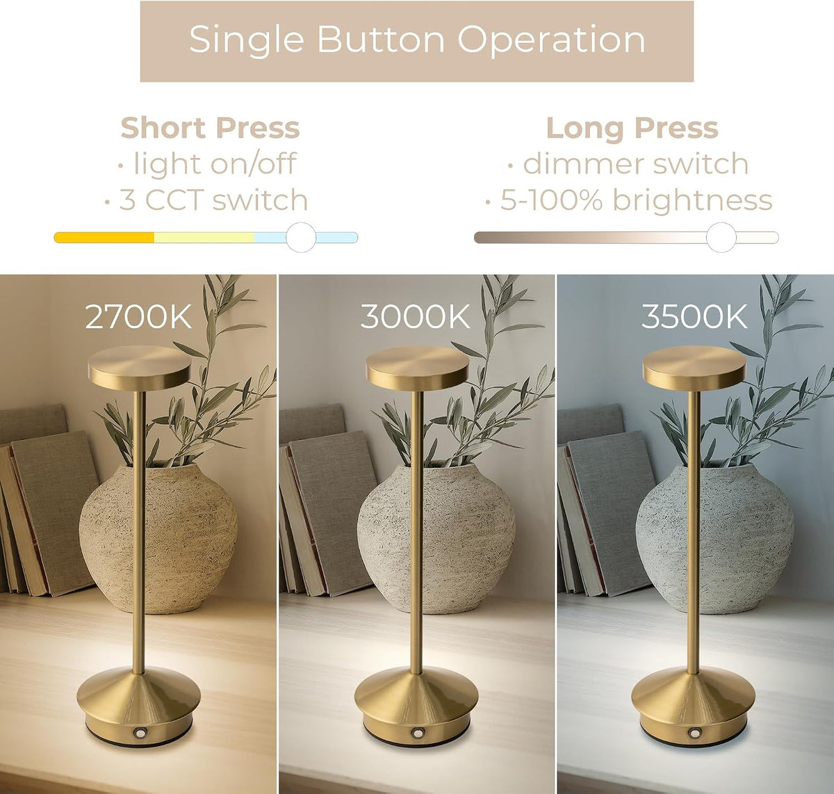 Orbit LED Cordless USB-C Re-Chargeable Desk Lamp, 5200mAh Battery Operated with 3 Color Temperature 2700K-3000K-3500K and Fingertip Touch On/Off Plus Dimming in Satin Brass