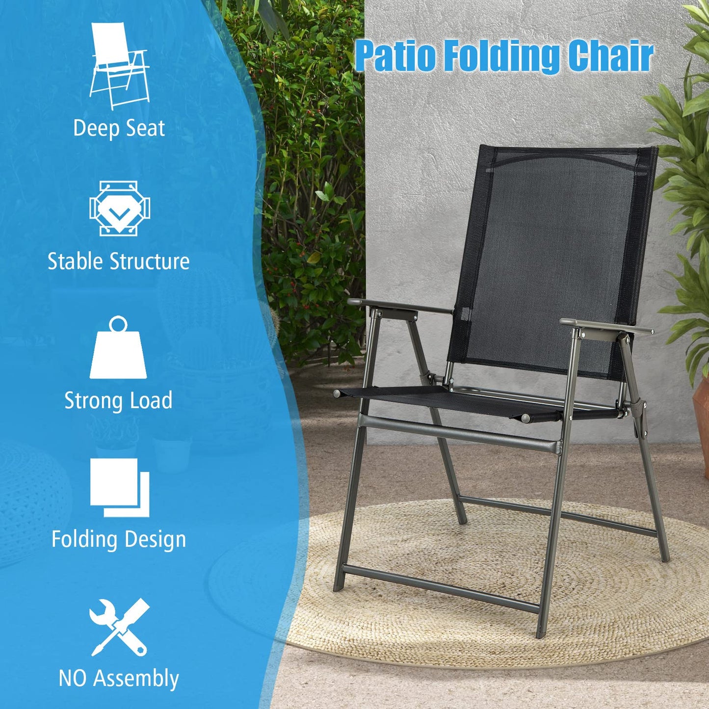 Tangkula Set of 4 Patio Folding Chairs, High Back Dining Chairs with Weather-Resistant Fabric, No Assembly, Outdoor Portable Metal Lawn Chairs with Armrests & Footrest for Garden