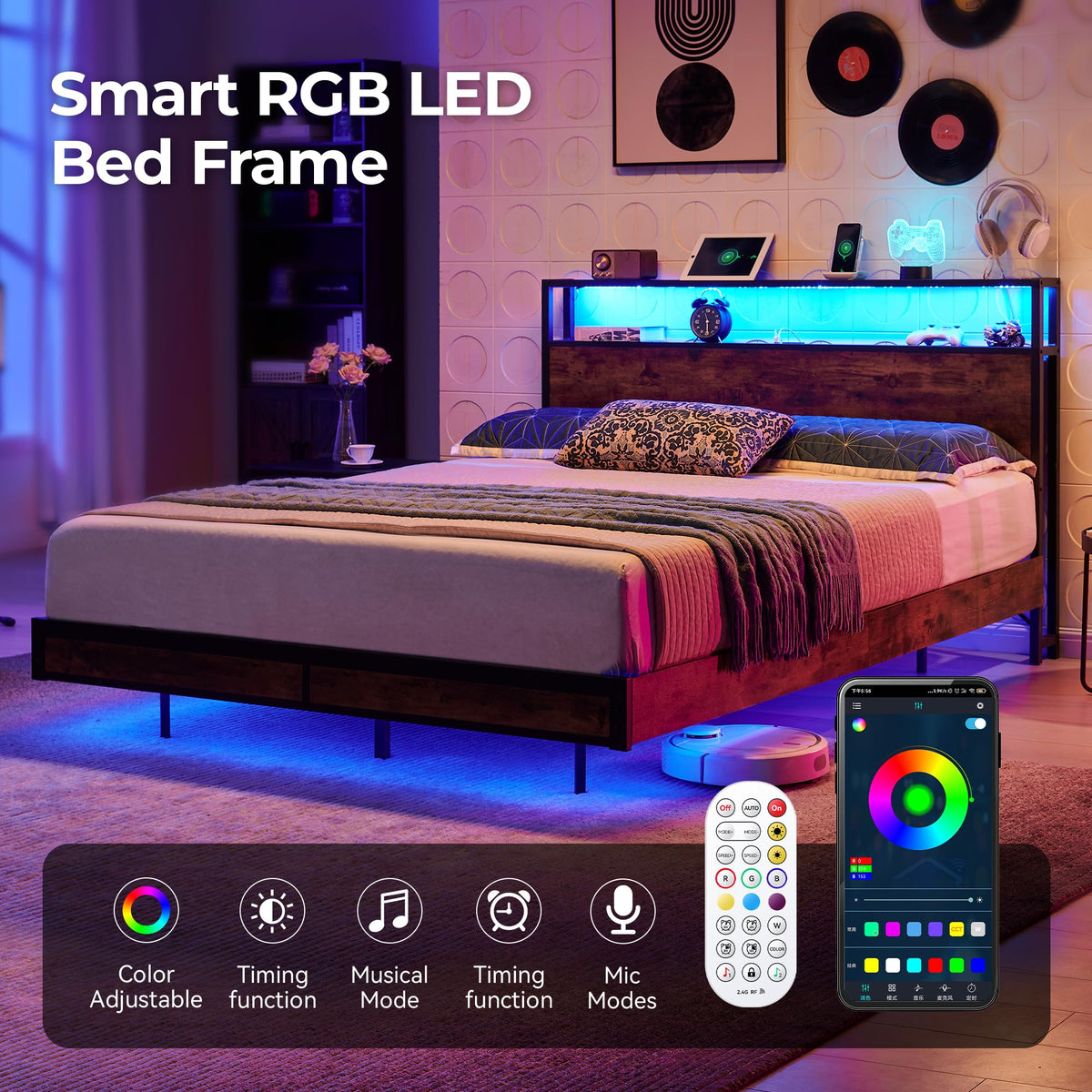 BedsPick Full Size Bed Frame with 2-Tier Storage Headboard, Sturdy Metal Platform Bed Frame with Charging Station & LED Lights, Noise-Free/Metal Support/No Box Spring Needed, Rustic Brown