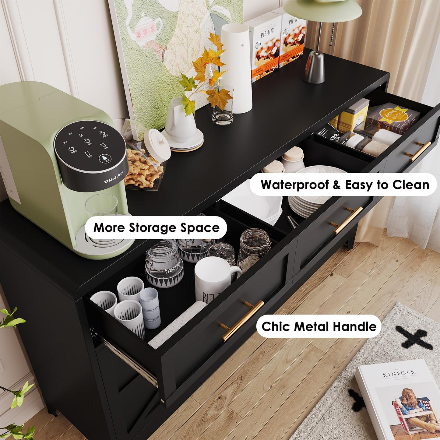 AUEYTVR Metal Sideboard Buffet Cabinet,Coffee Bar Cabinets with 2 Doors, 3 Drawers and an Open Storage Space,Buffet Table Wine Bar Cabinet for Dining Room, Living Room