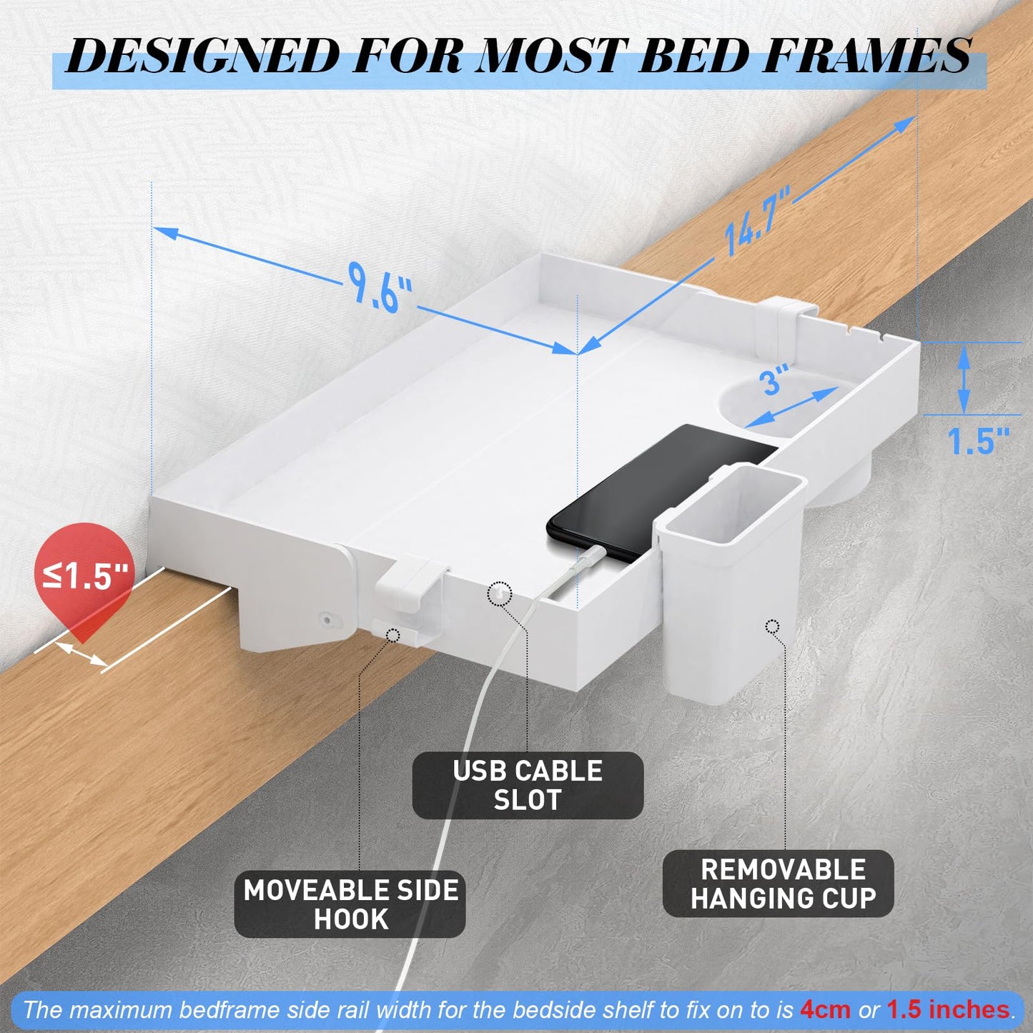 Ronlap Folding Bedside Shelf Bunk Bed Shelf Organizer for Top Bunk Clip On Bed Side Shelf Tray for College Dorm Loft Plastic Bedside Nightstand with Cup Holder, Small Size, White