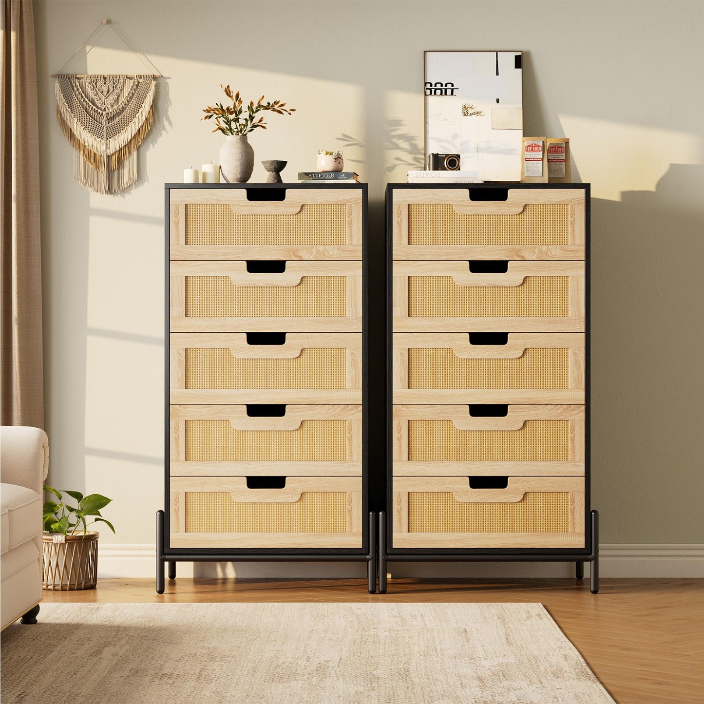 GAOMON Natural Rattan 5 Drawer Dresser, Wooden Chest of Drawer, Farmhouse Storage Cabinet with Metal Legs, Modern Dresser for Bedroom, Living Room, Entryway, Black&Oak