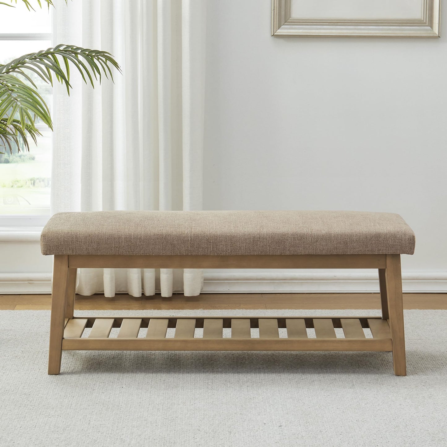 Zihanhome Entryway Shoe Bench with Cushion, End of Bed Bench,Upholstered Bench for Kitchen, Bench with Solid Wood Shelf, Fabric Ottoman Bench for Hallway, Living Room (Brown)