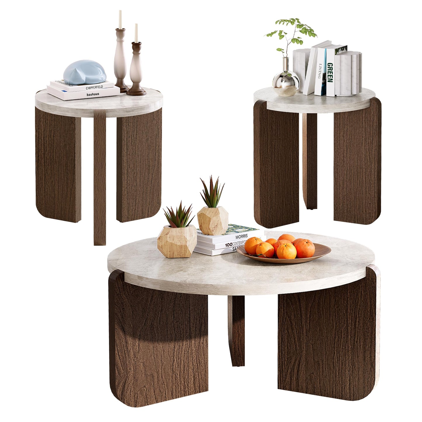 SUNBURY Coffee Table and End Table Sets, Round Marble Modern 3-Piece Living Room Table Set for Office, Living Room, Apartment, Small Space, Easy Assembly Living Room Furniture, Faux Marble