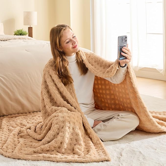 NEWCOSPLAY Super Soft Queen Blanket Brown Premium Silky Flannel Fleece 3D Waffle Checkered Lightweight Bed Blanket All Season Use (Brown, Queen(90"x90"))