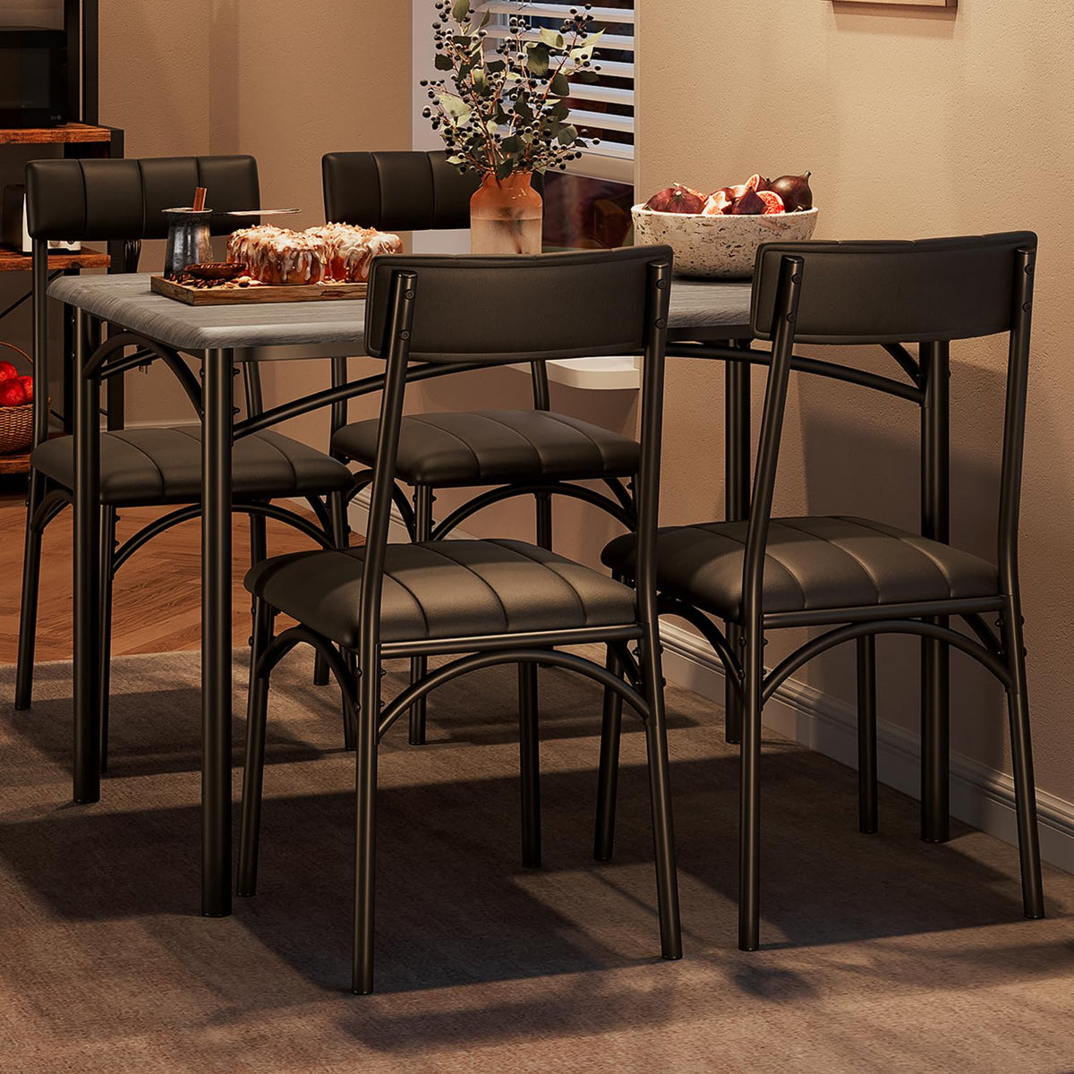 GarveeHome Dining Table Set for 4, Kitchen Table with 4 Upholstered Chairs, Wood Rectangular Dining Table and Chairs Set, for Small Space, Apartment, Dinner, Rustic Gray