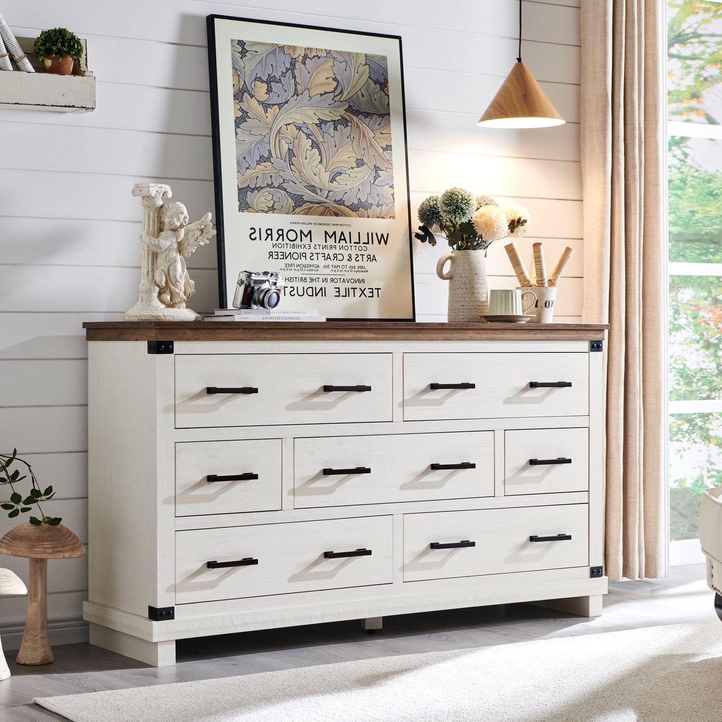 T4TREAM Farmhouse 7 Drawers Dresser for Bedroom, 54" Wide Wood Chest of Drawers w/Natural Texture & Metal Handle, Rustic Storage Dressers Organizer for Living Room, Hallway, Antique White