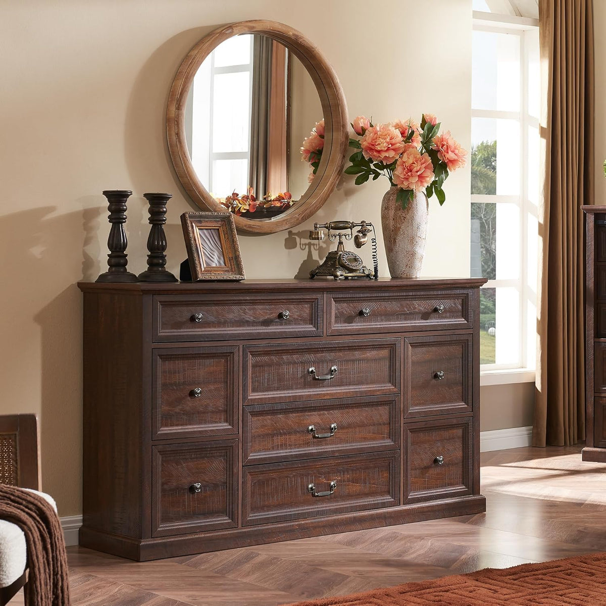 IFGET Farmhouse 9 Drawers Dresser for Bedroom, 60" Wide Wood Rustic Chest of Drawers, Large Storage Dressers Organizer for Bedroom, Living Room, Hallway, Dining Room-Brown