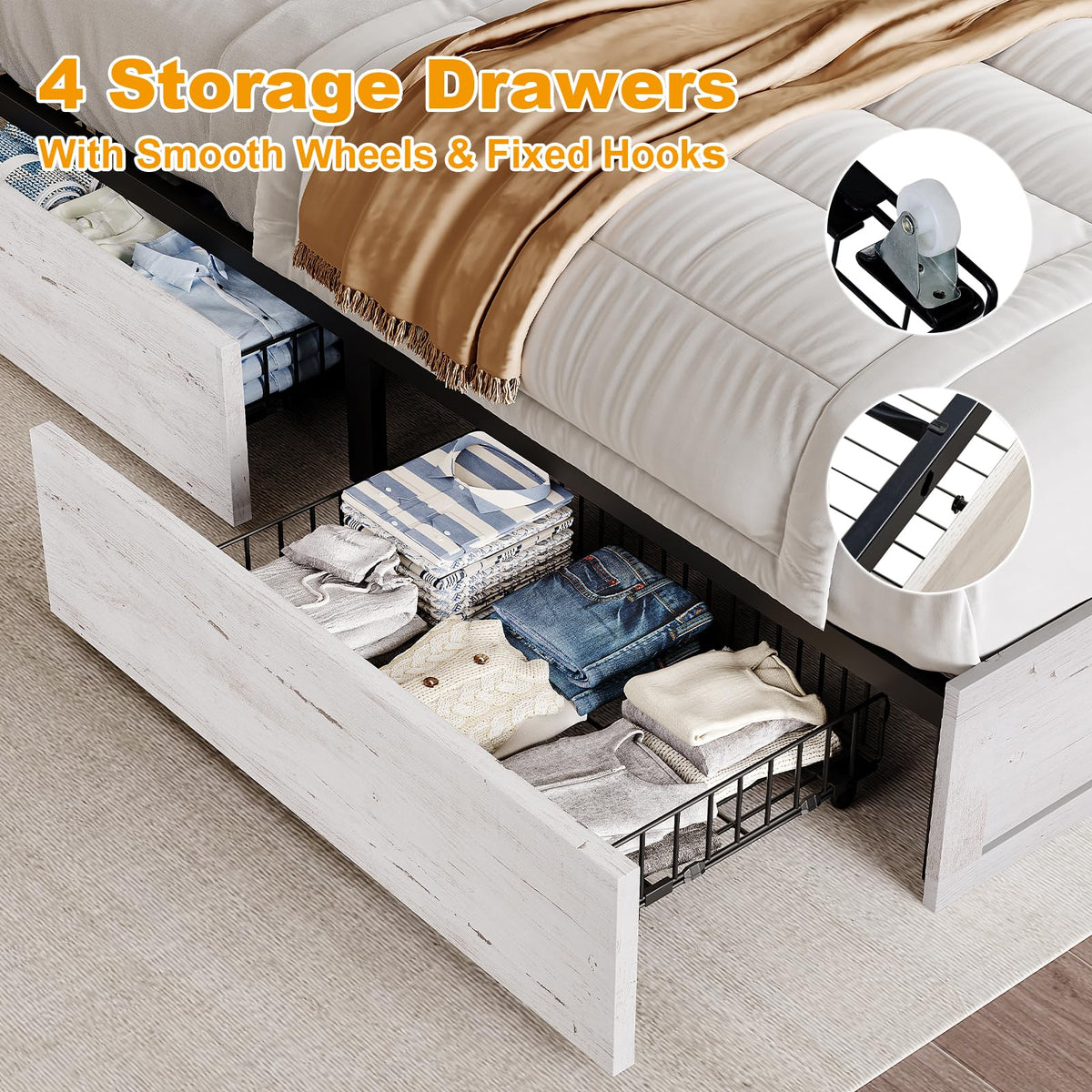YUMPIE King Bed Frame with Bookcase Headboard, Farmhouse Upholstered Platform Bed with 4 Storage Drawers, LED Bed with Charging Station, Wood Slats Support, No Box Spring Needed, Distressed White