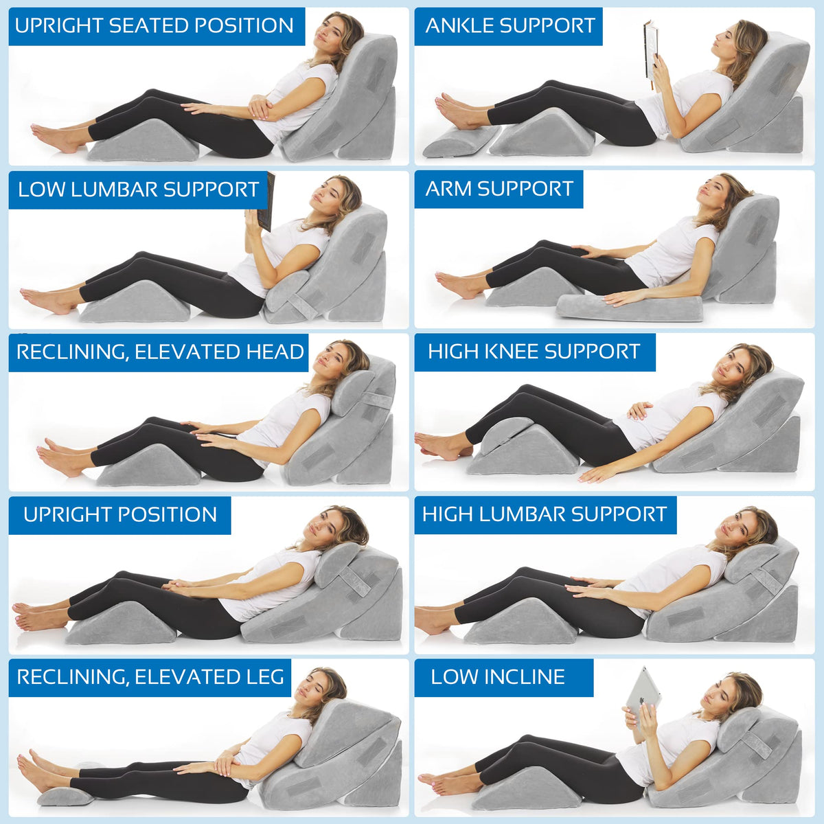 AllSett Health 4 PC Bed Wedge Pillows Set - Orthopedic Wedge Pillow for Sleeping with Memory Foam | Multi Angle Relief System for Back, Neck, Shoulder, and Leg - Machine Washable Cover