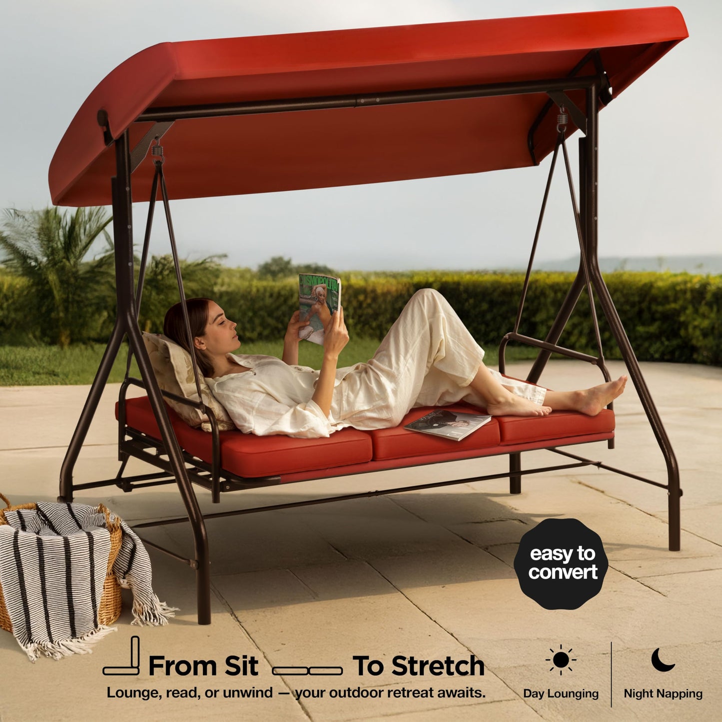 Porch Swing - 3-Seat Patio Outdoor Swing with Canopy for Adultes, Convertible Glider Bed, Thick Removable Cushions & Pillows for Backyard, Porch, Garden - Burgundy