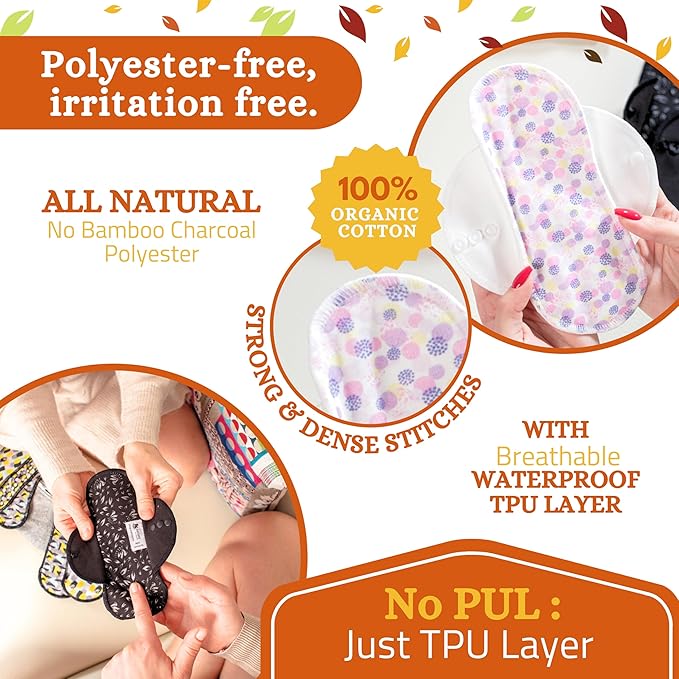 Non-Slip Organic Reusable Period Pads for Light Flow (S+M, 6-Pack); High-Temp Washable Cotton Cloth Pads for Women & Teens; Non-Irritating, Soft Reusable Pads Menstrual for Comfortable Period Care