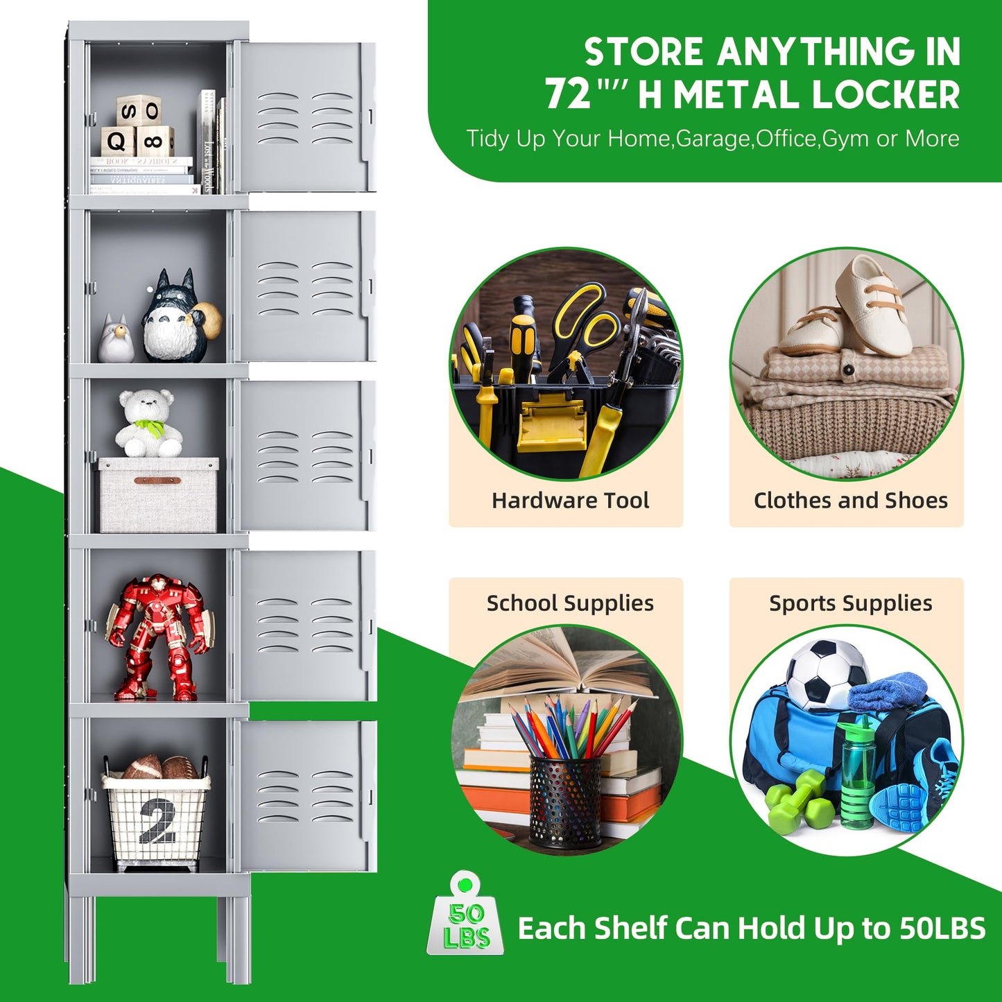 INTERGREAT Metal Locker for School Office Gym Metal Storage Locker Cabinet for Employees Students Steel Locker Triple Tier with 5 Door Gray
