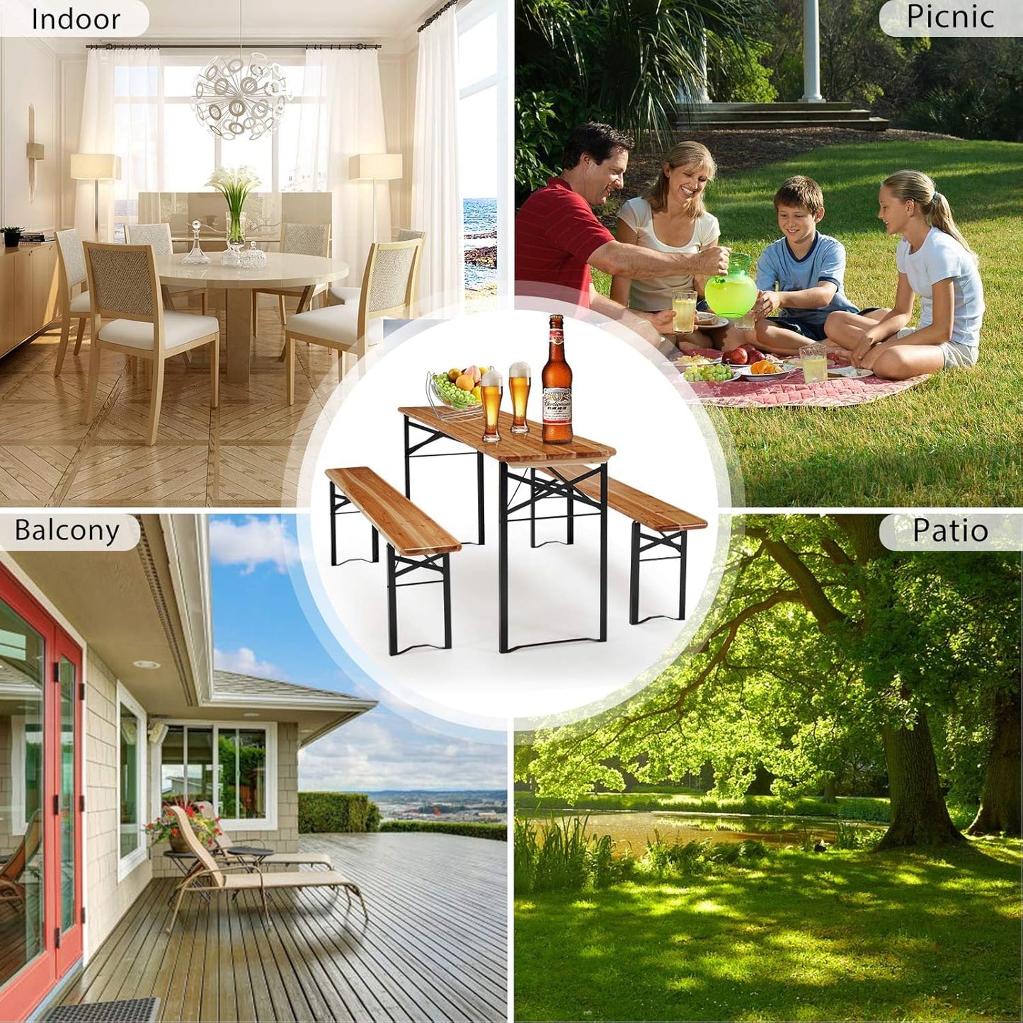 HOMREST Folding Picnic Tables with 2 Benches Set,70" 3-Piece Portable Table for 6-8 Persons，Outdoor Dining Table with Weather-Resistant Wooden and Sturdy Steel Frame for Patio,Party,BBQ and Camp