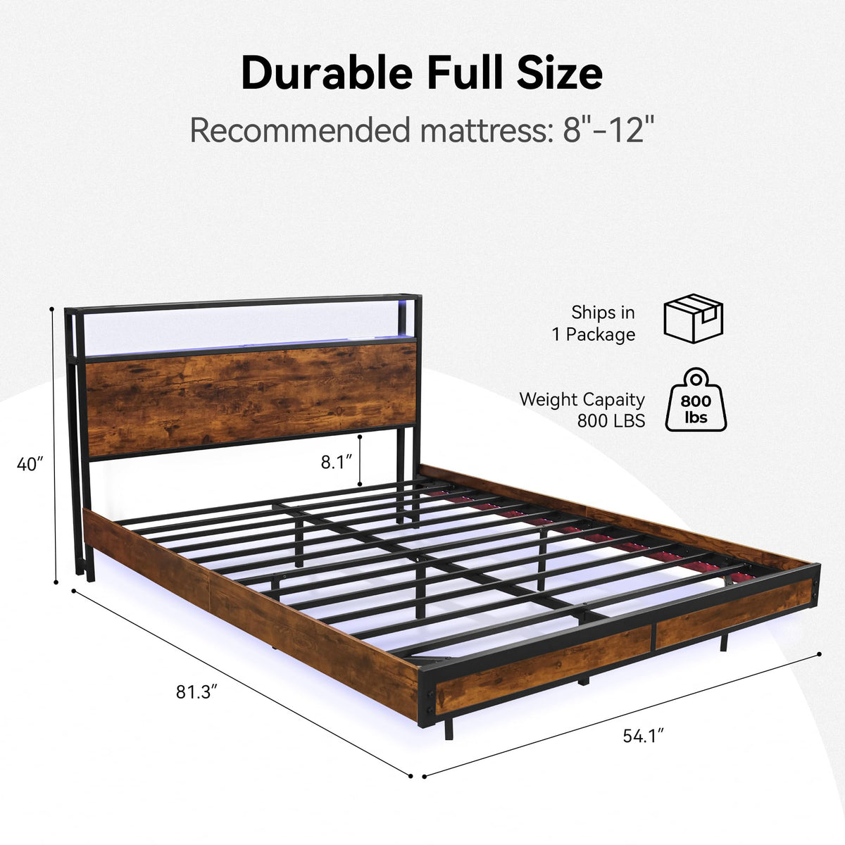 BedsPick Full Size Bed Frame with 2-Tier Storage Headboard, Sturdy Metal Platform Bed Frame with Charging Station & LED Lights, Noise-Free/Metal Support/No Box Spring Needed, Rustic Brown