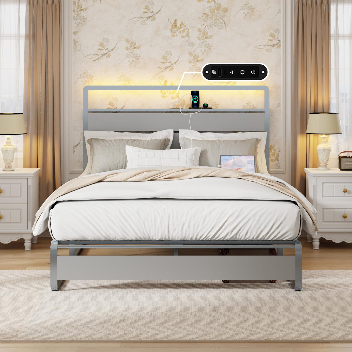 VFJ Large Bed Frame with headboard, Metal Platform Bed Frame with Charging Dock, Heavy-Duty Platform Bed Frame with LED Lights, Easy to Assemble, Silver