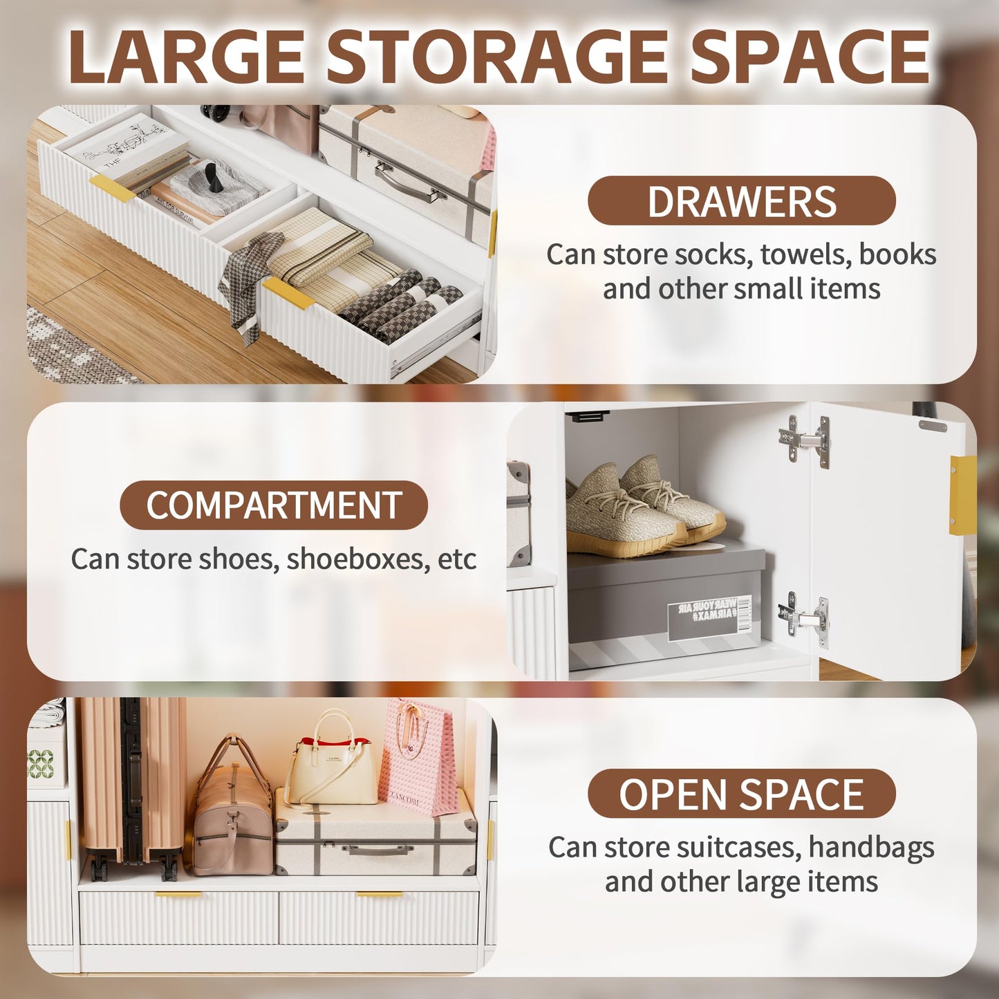 PAKASEPT Freestanding Closet System, 64.9" Stand-Alone Wardrobe with 6 Display Storage Cabinet & Hanging Rods & 2 Wood Drawers, Cloth Garment Rack with Multi Color Light, Walk-in Closet, White