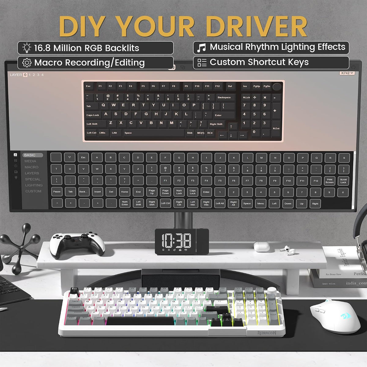 Redragon K742 Wireless Mechanical Gaming Keyboard with Knob, Bluetooth 5.0/2.4GHz/USB C Wired Creamy Keyboard with Number Pad for PC Computer, RGB Backlits, Hot-Swappable with Linear Switches (White)