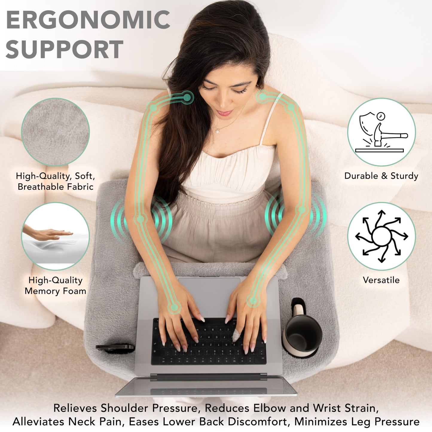 Reading Pillow for Gaming – Extra Large Lap Desk & Arm Rest with Cup & Phone Holder, Adjustable Heights, Laptop Support, Large Pockets – Comfortable for Work, Gaming & Crocheting (Furry Grey)