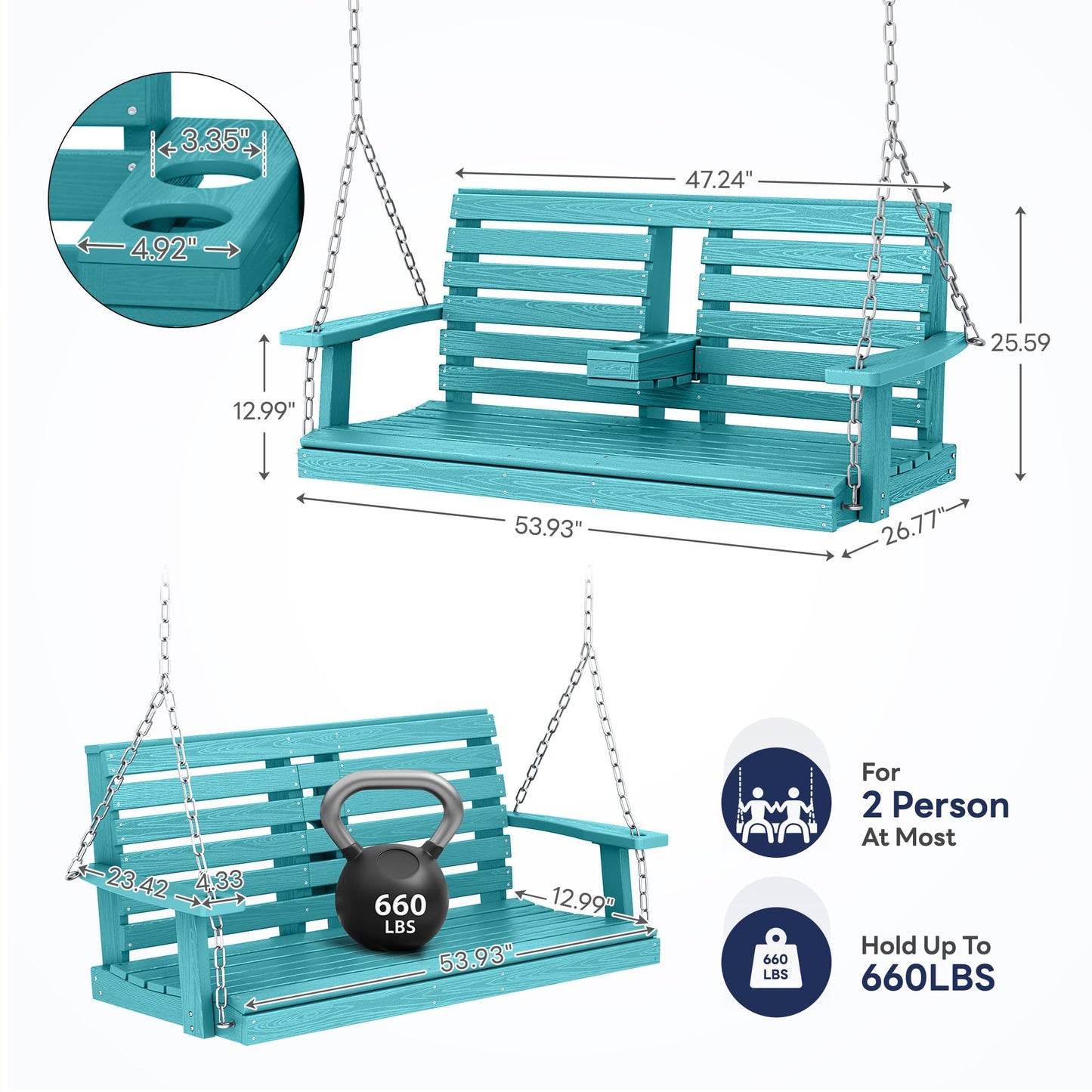 KINGYES Outdoor Hanging Porch Swing, 2 Seat Patio Swing Chair with Cup Holders, Waterproof Swing Chair Bench for Courtyard & Garden, 660LBS Weight Capacity, Aruba Blue