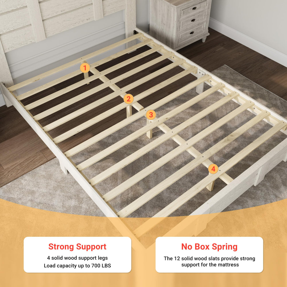 Mekminop Queen Size Wood Bed Frame with Tall Headboard & Footboard, Farmhouse Platform Bed with Solid Wood Slats Support, No Squeak, No Box Spring Needed (Beige Wood Grain)