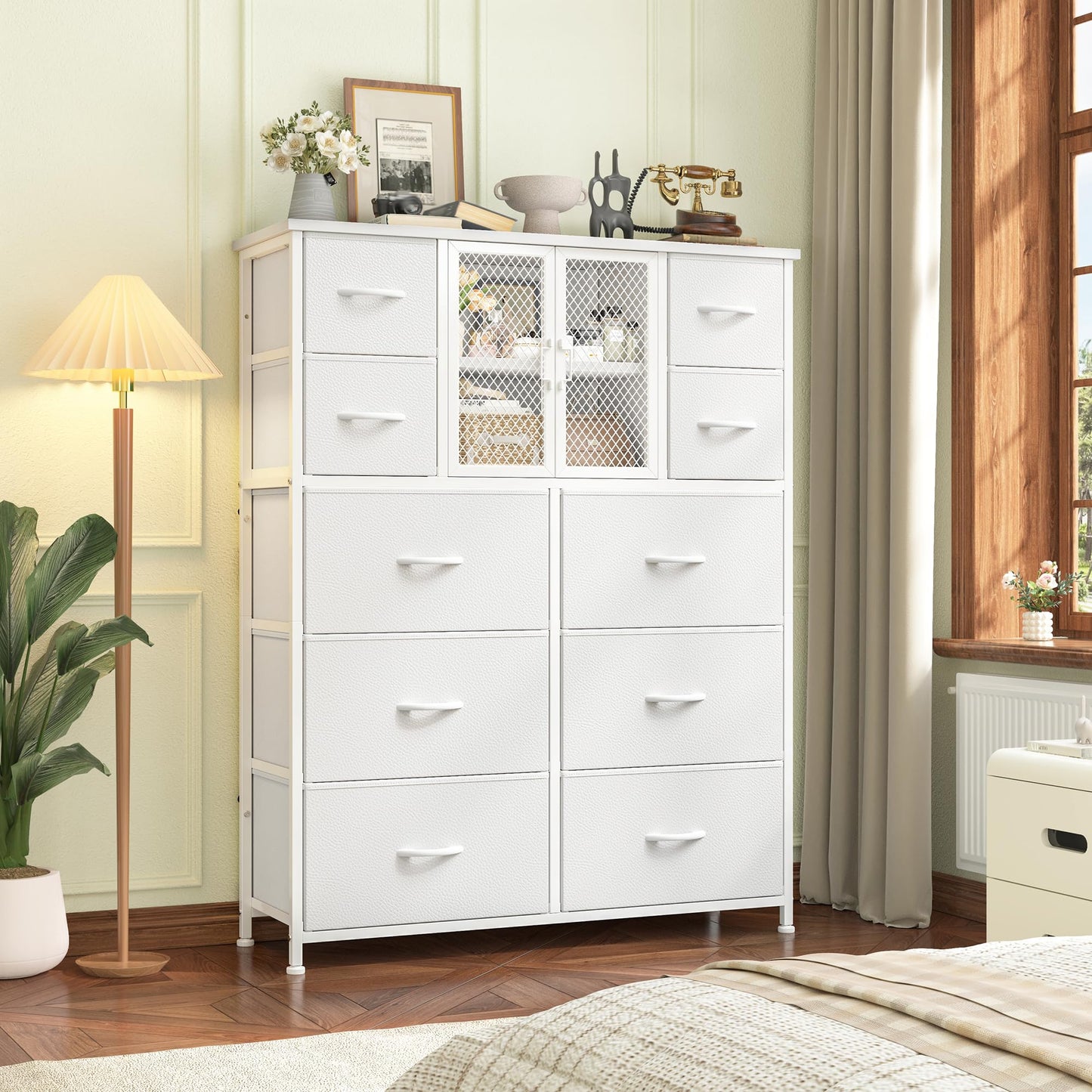 Romorgniz White Dressers for Bedroom with 10 Drawers, Tall Dressers & Chests of Drawers with Large Metal Mesh Door, Closet, Hallway 48.2" H x 38.1" W x 11.8" D