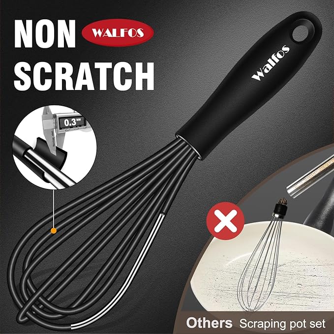 Walfos Whisk 5+7in/12cm+17cm Mini Whisk,Silicone Whisks Non Scratch Heat Resistant (480°F). Nice for stirring individual eggs and mixing small amounts of powder and sauce.Dishwasher Safe.Black
