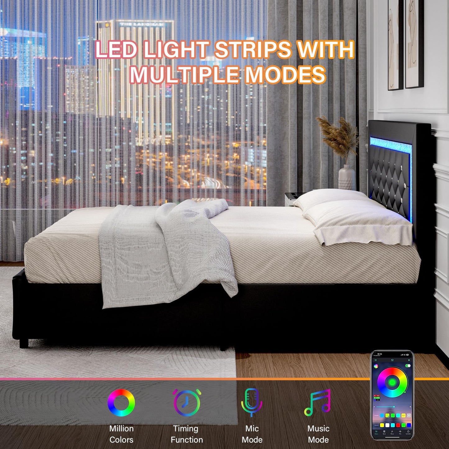 King Size Bed Frame with LED Lights and Storage Drawers, Upholstered Platform Bed with Crystal Tufted Headboard, Wooden Slats Support, No Box Spring Needed, Easy Assembly, Black
