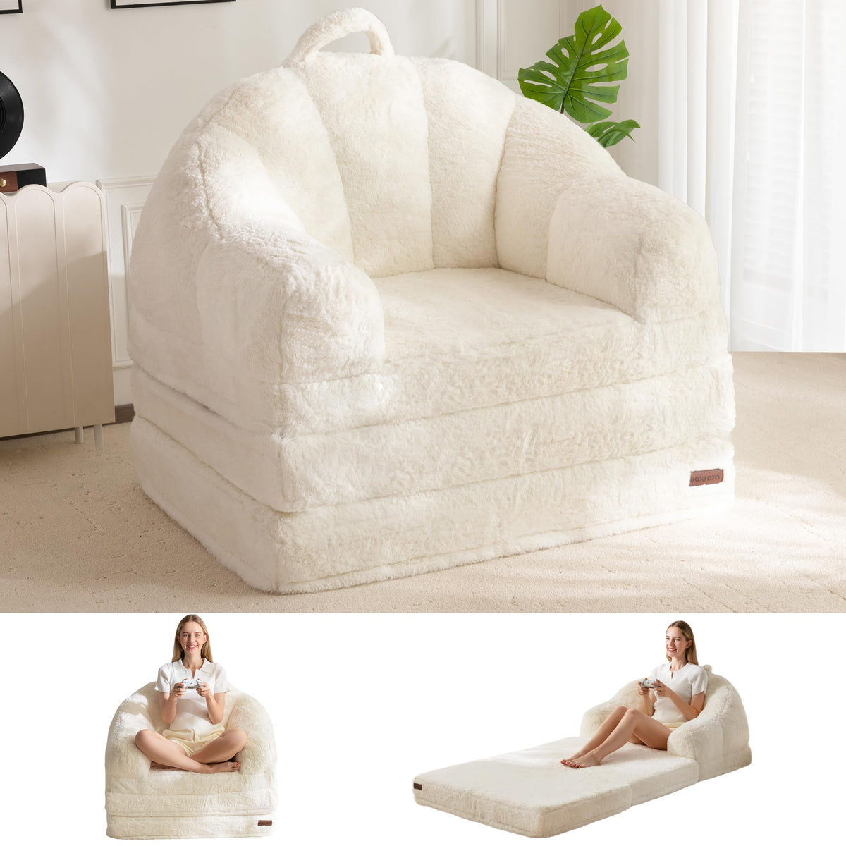 MAXYOYO Folding Sofa Bed, 2 in 1 Convertible Sofa to Lounger Comfy Single Bean Bag Chair for Adults, Floor Sleeper Couch with Handle, Faux Fur Couch Bed for Living Room Bedroom, Beige