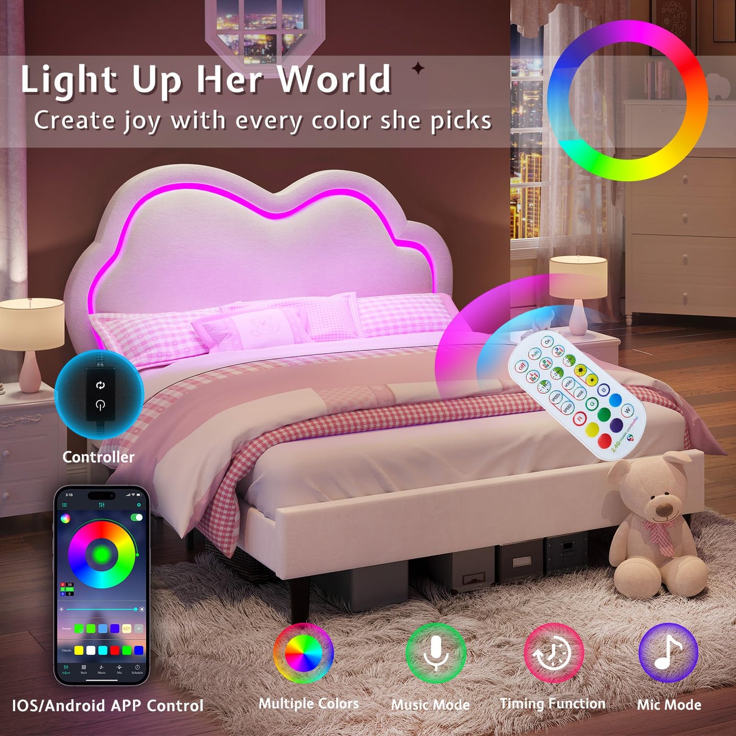 Jocisland Full Bed Frame for Girls with Adjustable Cloud Headboard, Velvet Upholstered & RGB Lights, 7.1" Underbed Storage, No Box Spring Needed, Cream