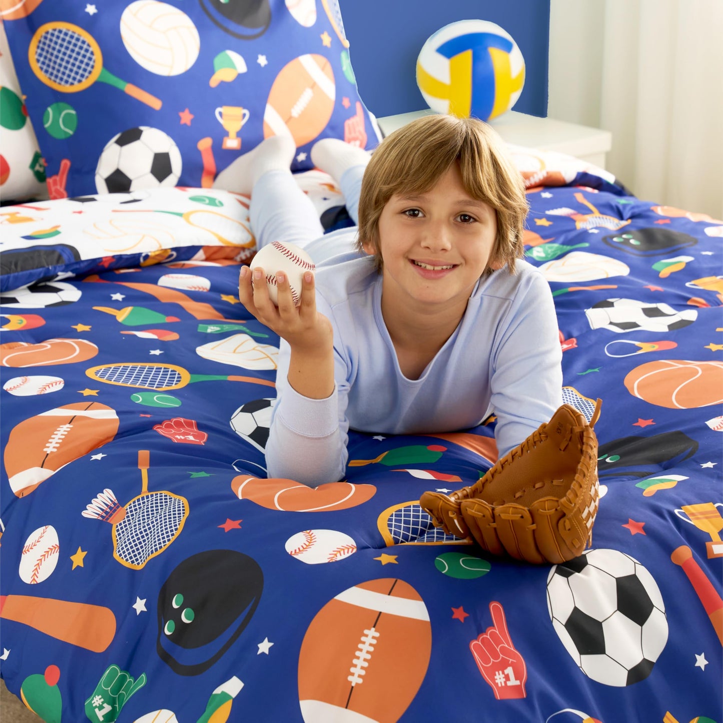 Joiedomi Kid Full Comforter Set 7 Piece Ball Sports Bedding Set for Boys Girls Super Soft Microfiber Bed in a Bag with Comforter Sheets Pillowcase Sham