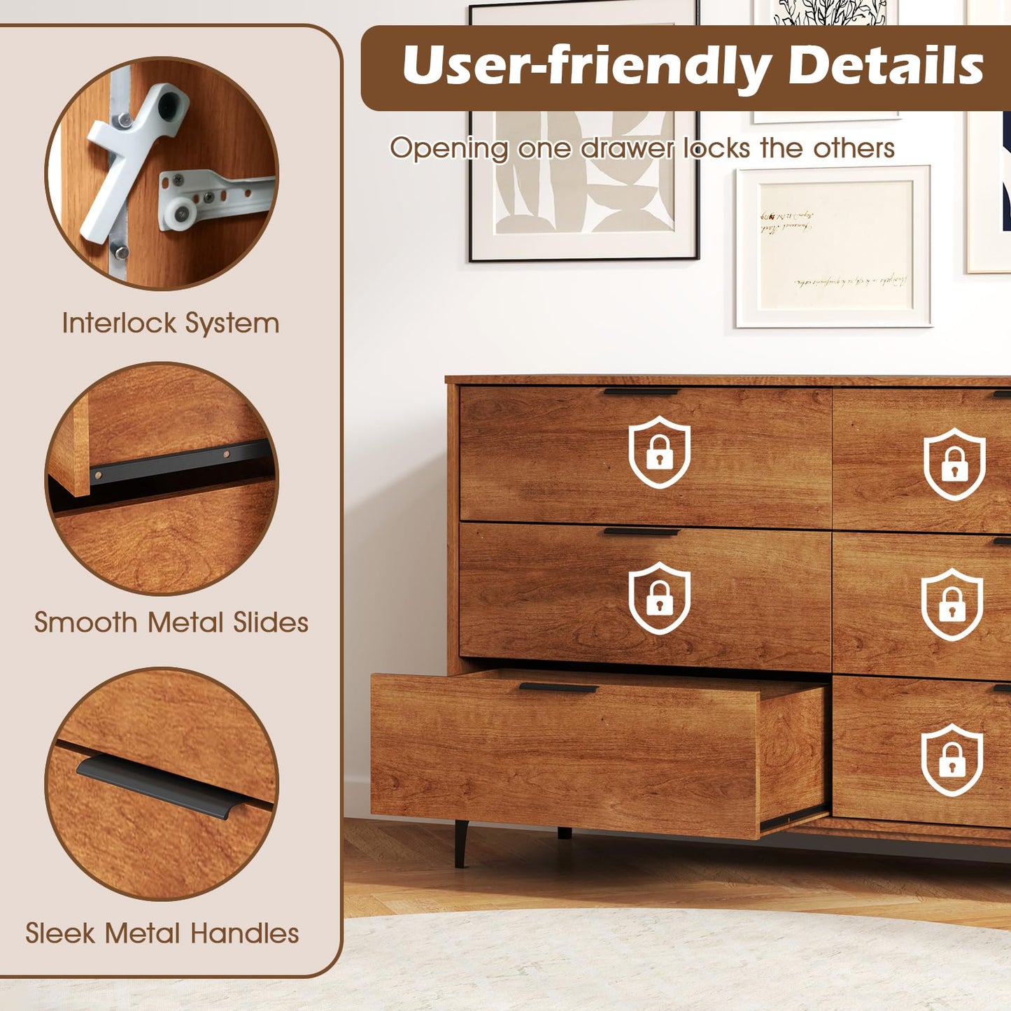LOKO Mid Century Modern 6-Drawer Dresser, Wooden Chest of Drawers with Interlock System, Tall Storage Dresser for Bedroom, Living Room, Hallway, Cherry