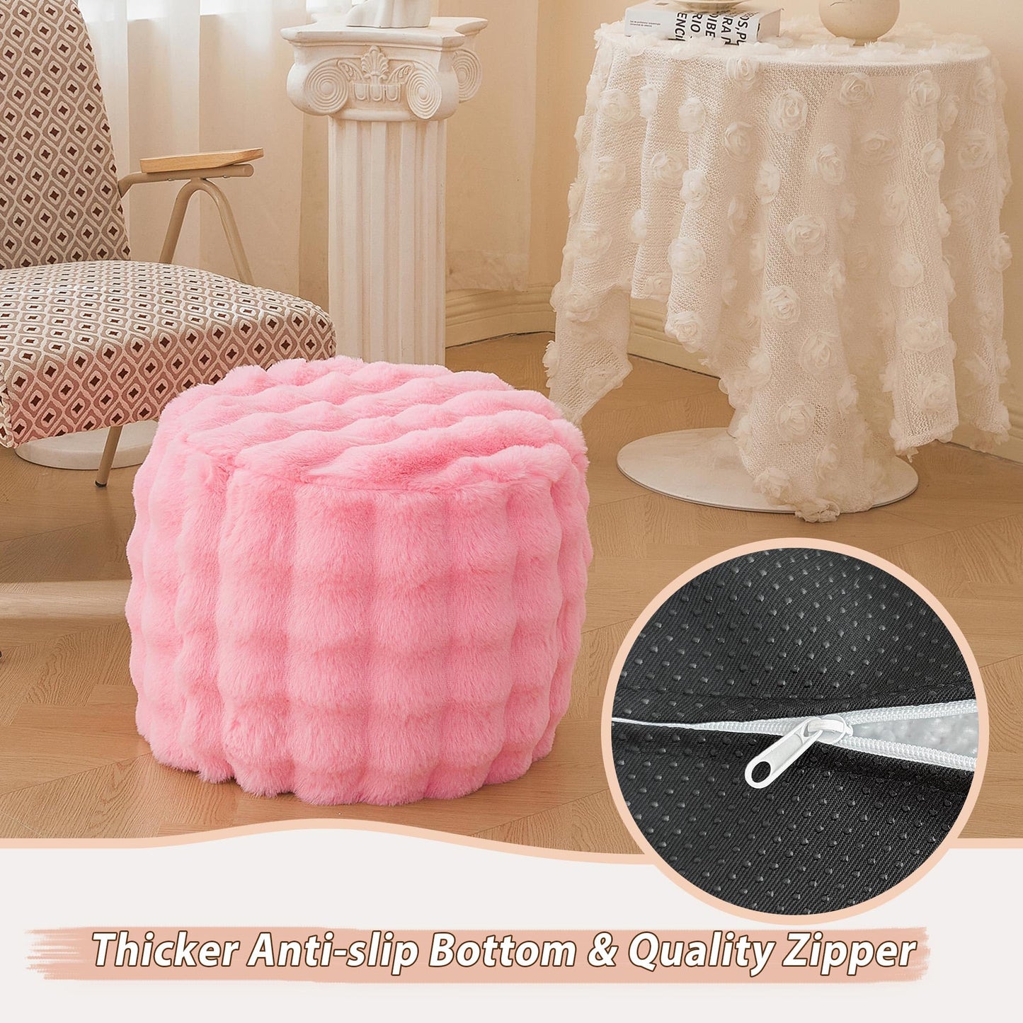 LIFEREVO Faux Rabbit Fur Round Inflatable Pouf Ottoman, 20" X 16" Plush Fuzzy Waffle Bubble Floor Poufs Foot Rest for Living Room Bedroom, Furry Pouf Chair Foot Stool Home Decor, Anti-Slip, Pink