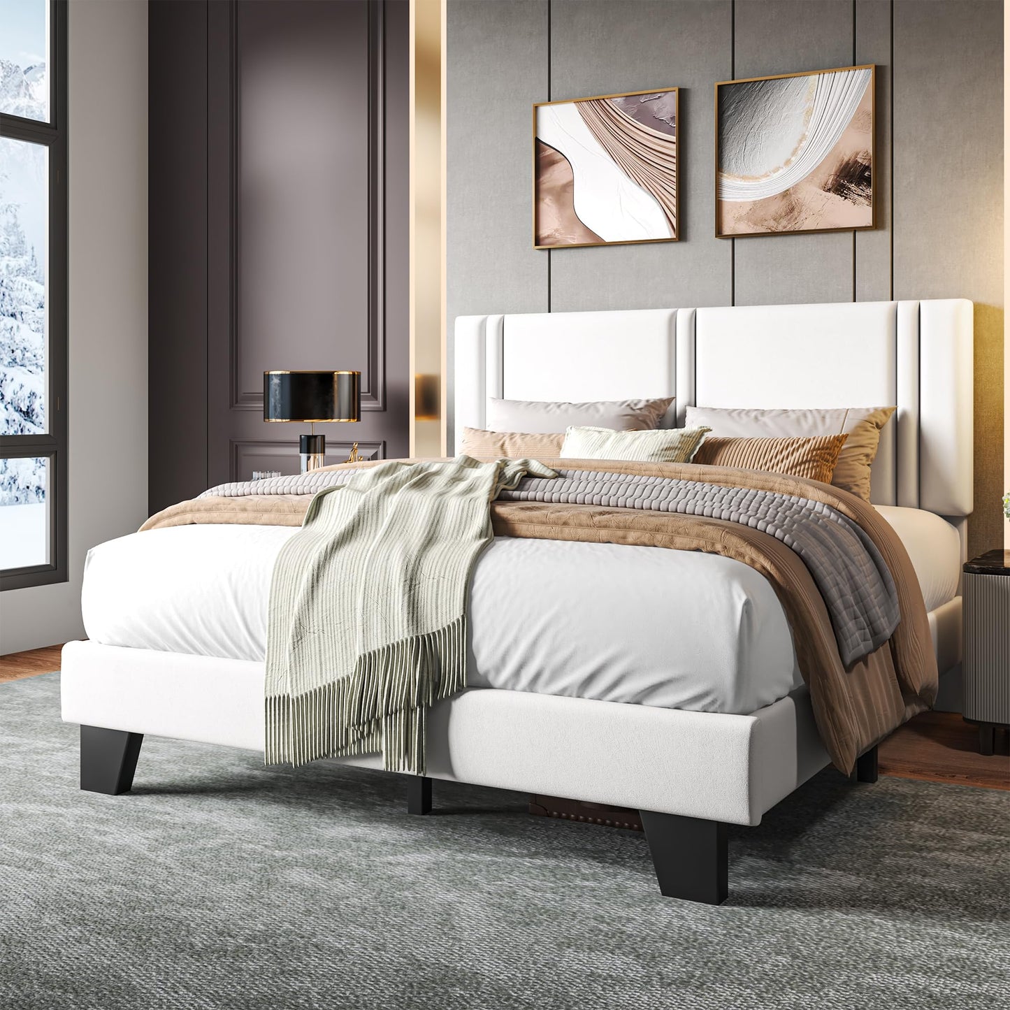 Einhomn Upholstered Full Size Bed Frame with Velvet Fabric Headboard, Strong Wooden Slats Support, Noise Free, No Box Spring Needed, White