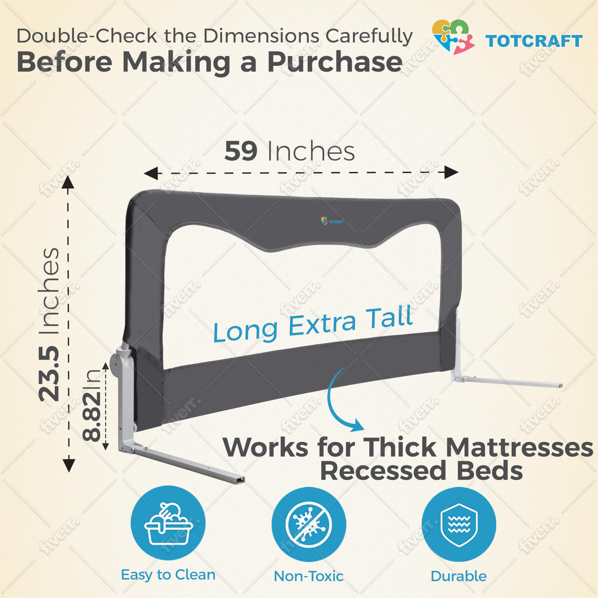 Bed Safety Rails for Toddlers - Bed Rail Guard for Queen, King, Full Szie, Twin Mattress Bed (Grey, 59Wx23.5H Inch (Long Extra Tall))