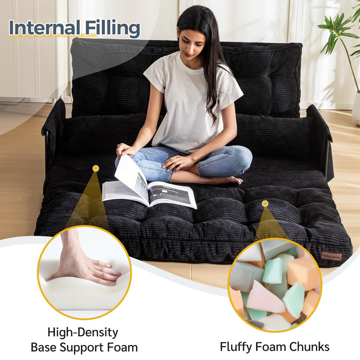 MAXYOYO Adjustable Floor Sofa Couch with 2 Pillows, Multi-Functional Bean Bag Bed, 5-Position Foldable Lazy Sofa Sleeper Bed with Armrest, Versatile Floor Seating for Reading, Black, Double
