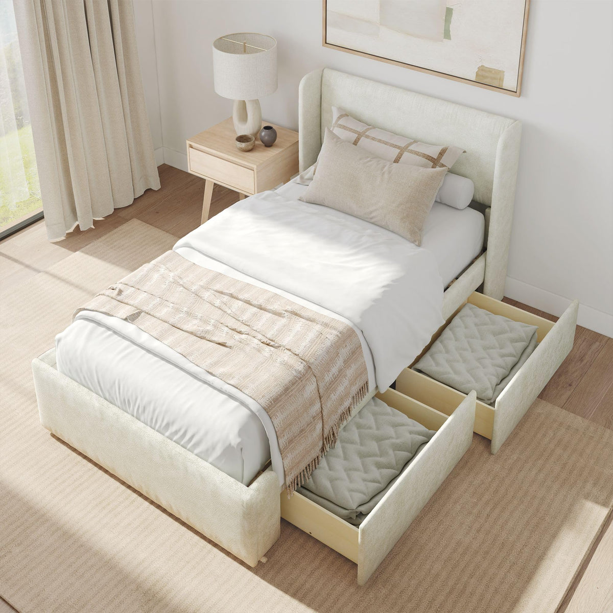 Plank+Beam Upholstered Twin Bed Frame with Rectangular Headboard and Two Storage Drawers, Upholstered Platform Bed, No Box Spring Needed, Easy Assembly, Cream