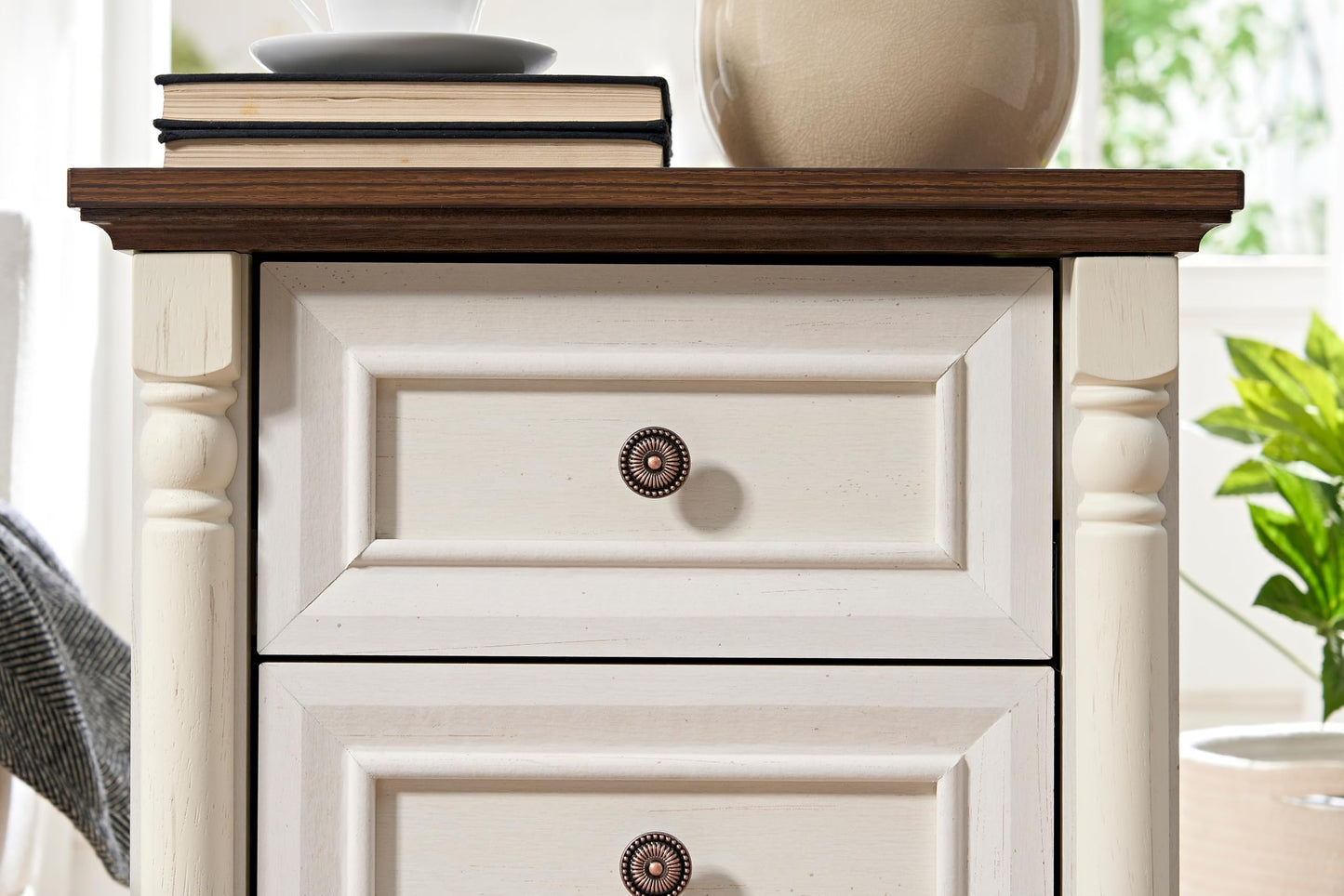 OKYCI Nightstand with Solid Wood Roman Column & Charging Station, Modern 3-Drawer Bedside Table, Farmhouse Wood End Table with Storage for Bedroom/Living Room/Office, Antique White & Brown
