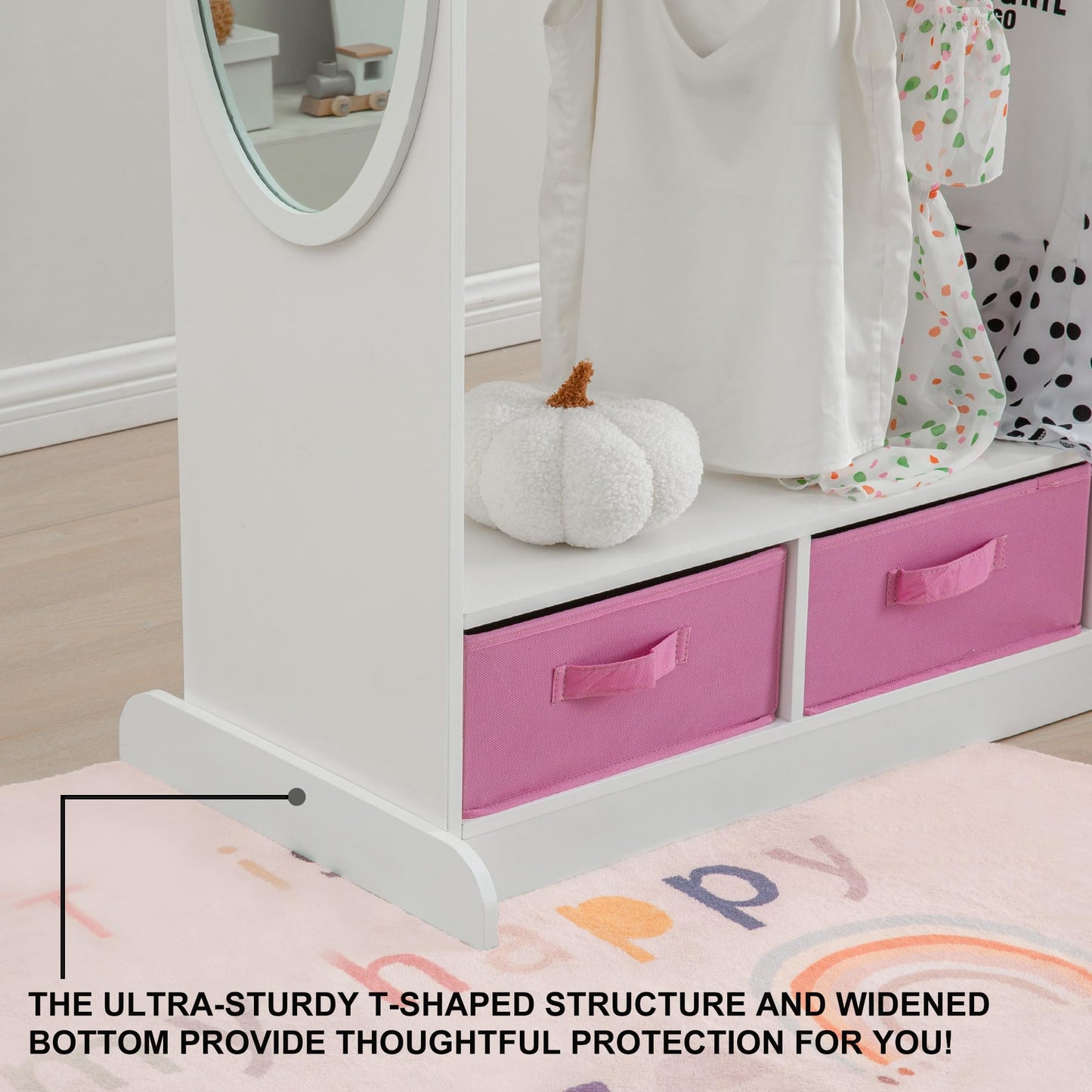 RELIANCER Kids Armoire Dress-Up Closet w/Mirror,Open Hanging Wardrobe w/Clothes Rack,Toddlers Pretend Play Costume Storage Dresser,Children Costume Organizer Center for Nursery Girl Bedroom Playroom