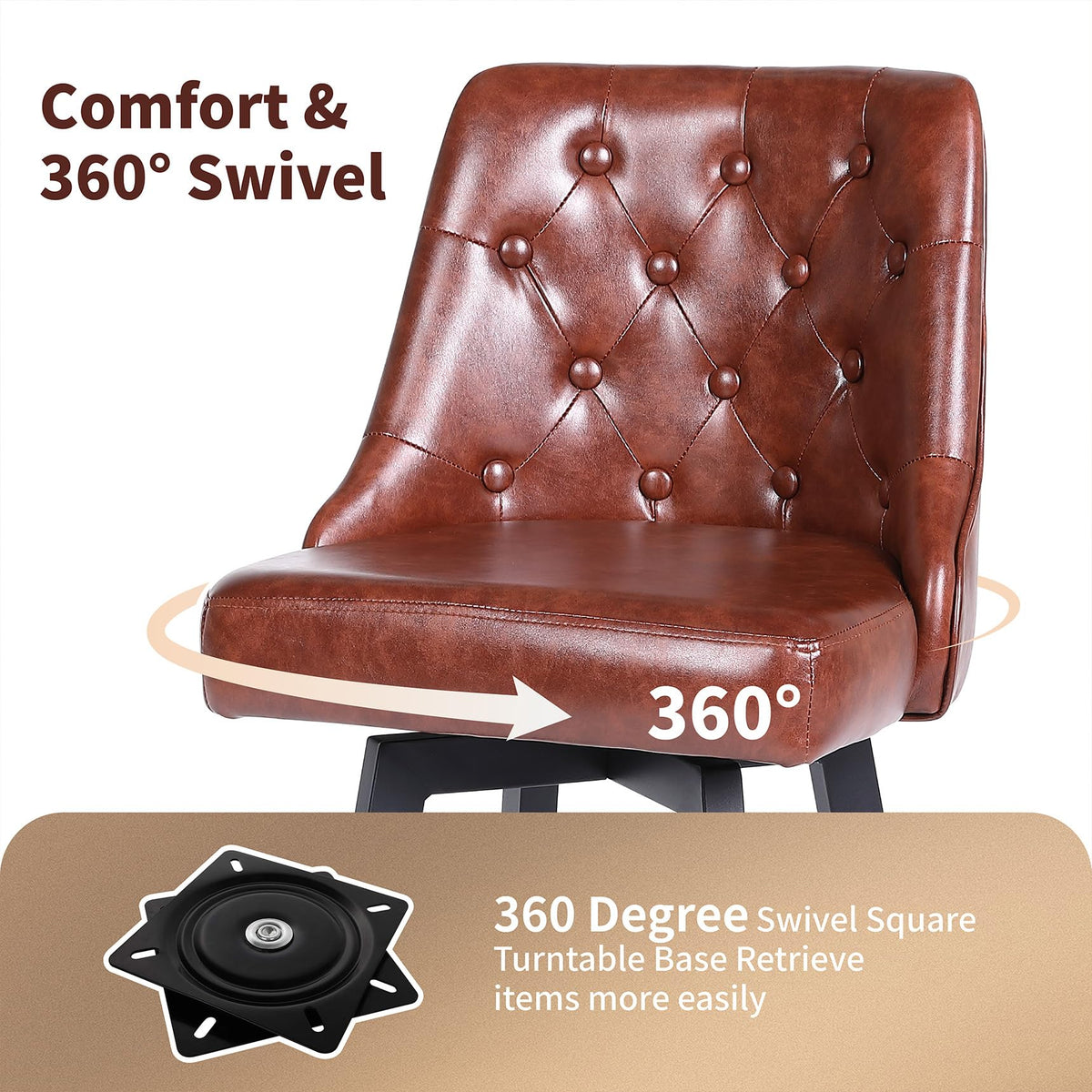 ralex-chair Swivel Counter Height Barstools Set of 4, 26’’H Modern Counter Stools with Metal Legs,Faux Leather Upholstered Bar Stools with Back for Kitchen Island, Dining Room, Pub - Brown