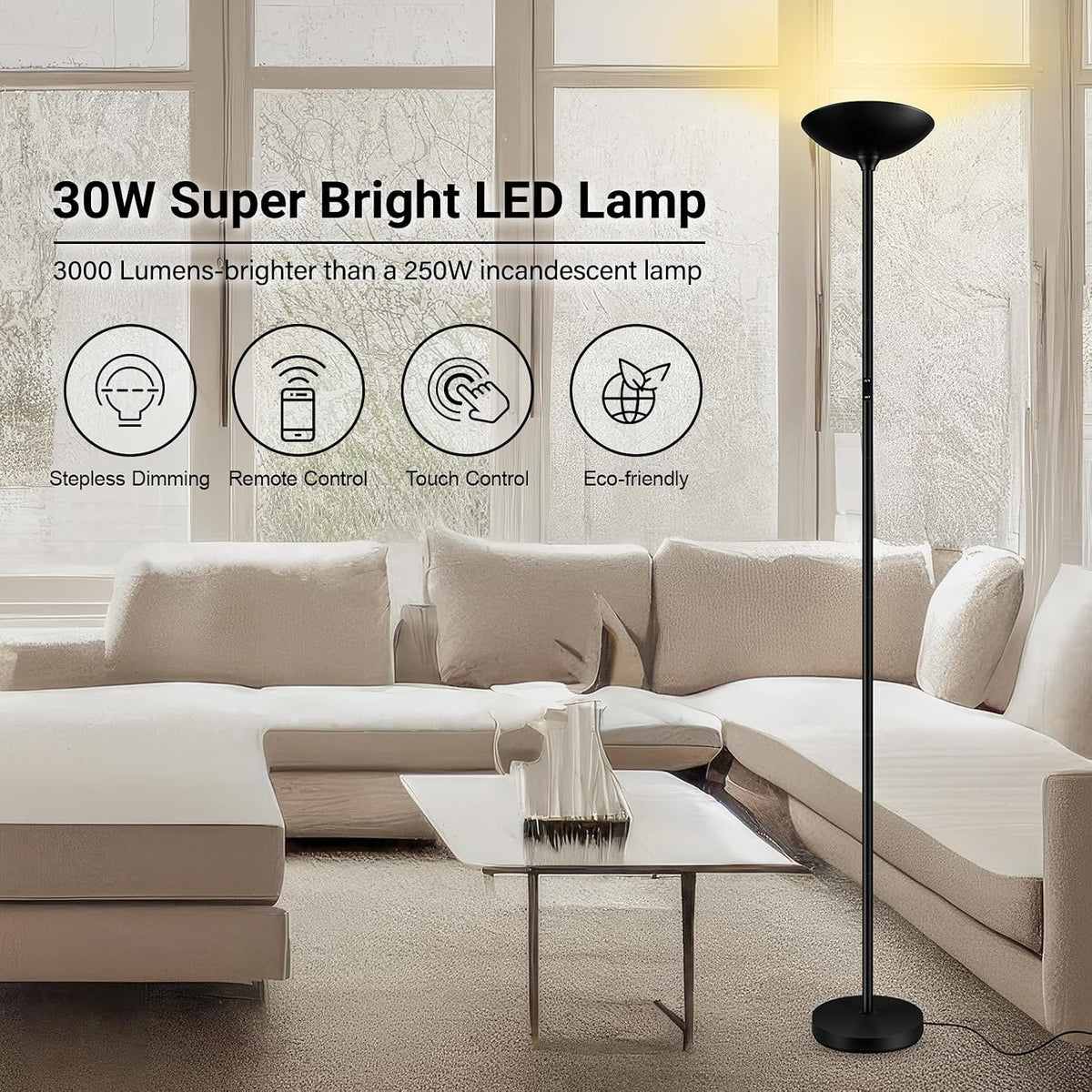 Dimmable Floor Lamp, Black, 30W 3000LM LED Torchiere Standing Lamp