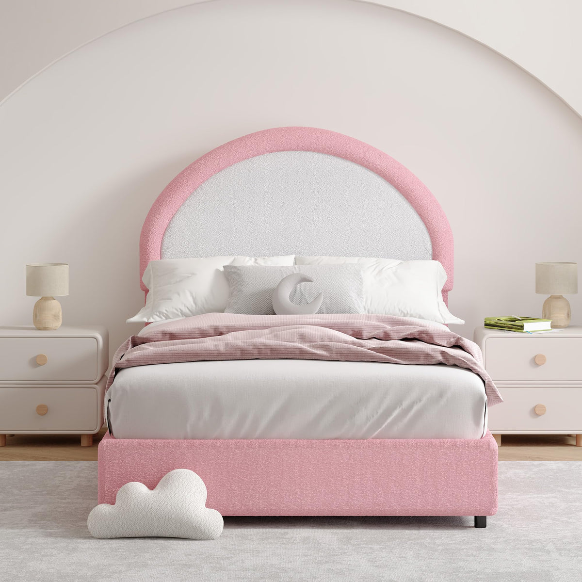REVOMINCA Twin Boucle Bed Frame, Boucle Upholstered Platform Bed Twin Size with Headboard, Pink Bed Frame for Girls Kids, Low Profile Bed, Rounded Corners, No Box Spring Needed, Pink and White