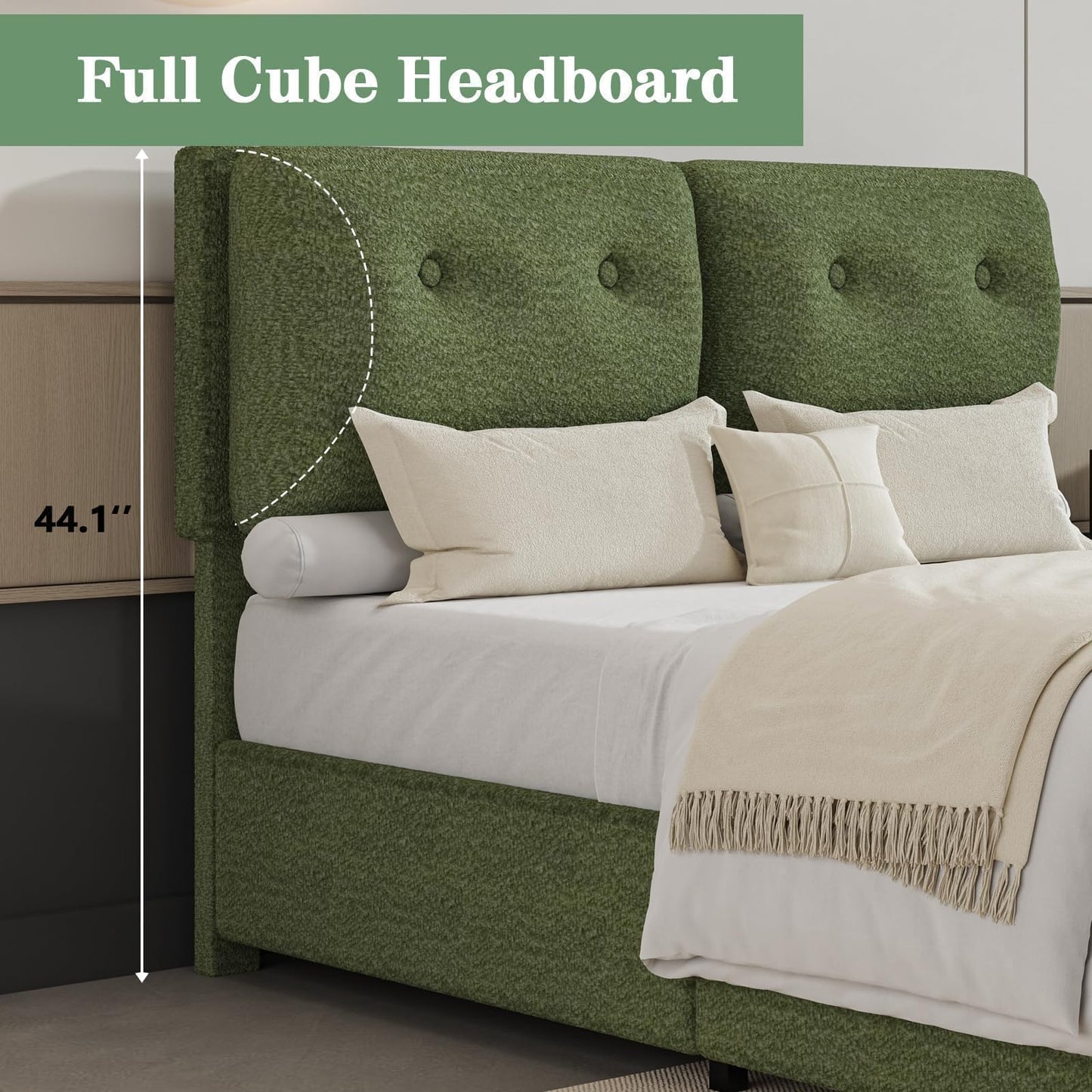CHABUILDREARK Twin Bed Frames, Upholstered Boucle Platform Bed Frame with Headboard, Cloud Bed Frames with Soft Headboard, Wooden Slats Support, No Box Spring Needed, Easy Assembly, Green