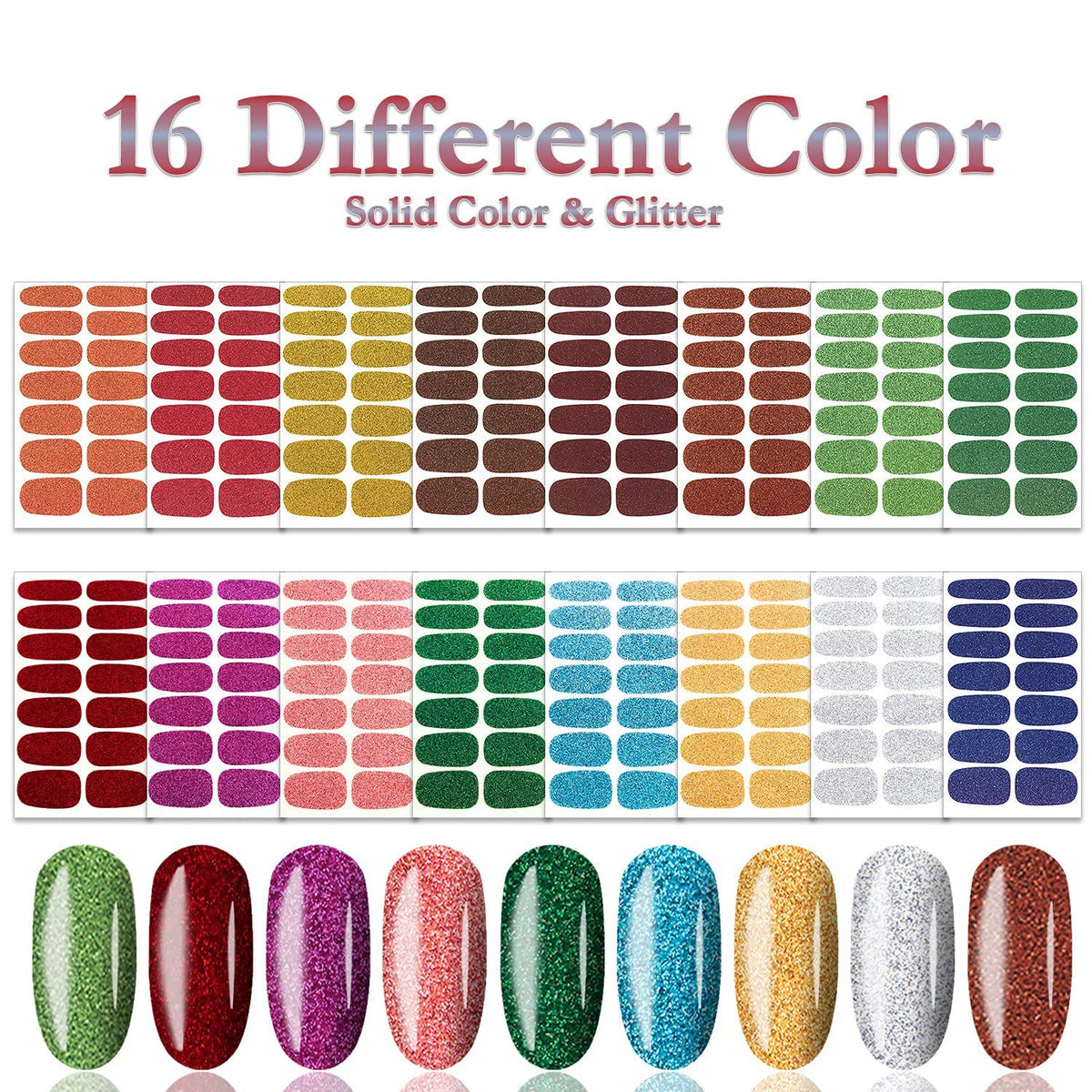 SILPECWEE 224 Pieces 16 Sheets Nail Polish Strips for Women Nail Polish Stickers Glitter Nail Wraps for Women Adhesive Nail Decals Gel Sticker Nails for Girls with File (Classy Glitter)