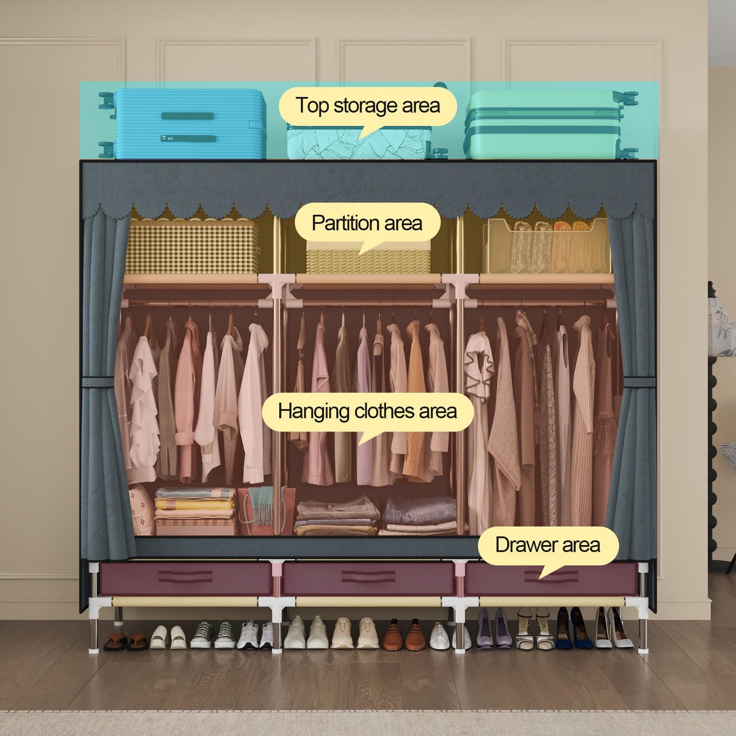 LEAIJIAFY Portable Wardrobe, Freestanding Closet Hanging Organization, Metal Frame with Gray Fabric Cover, 3 Storage Compartments, 3 Hanging Rods, 3 Drawers.